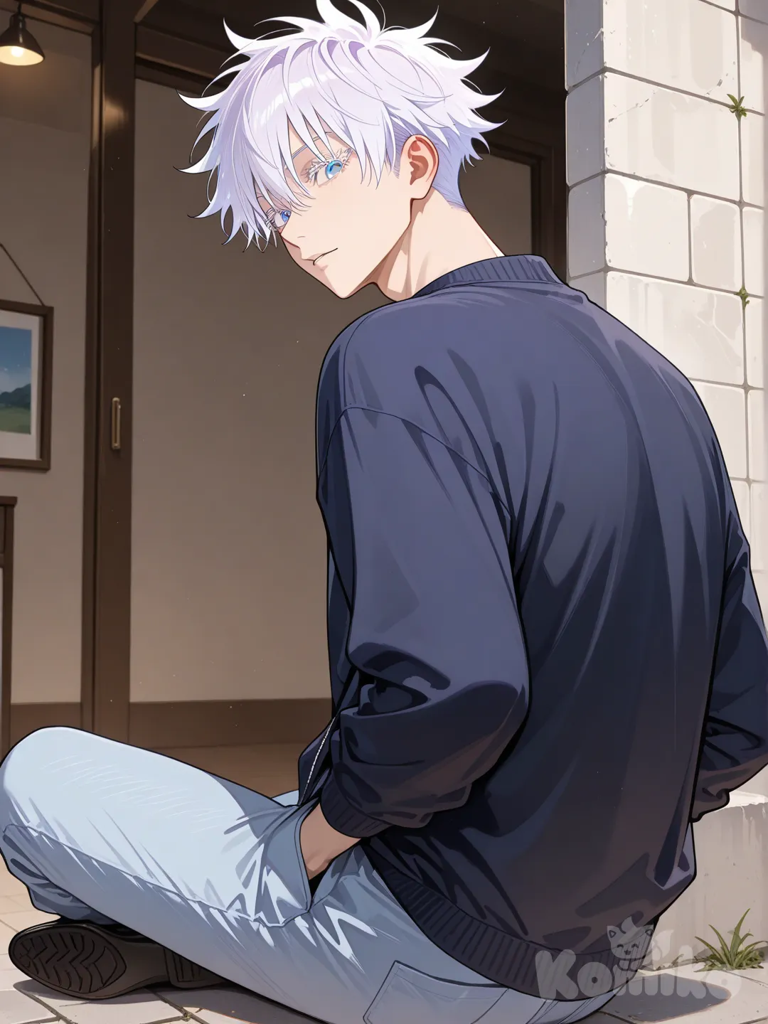 hands in pockets, sitting on the ground, looking back, @Gojou_Satoru