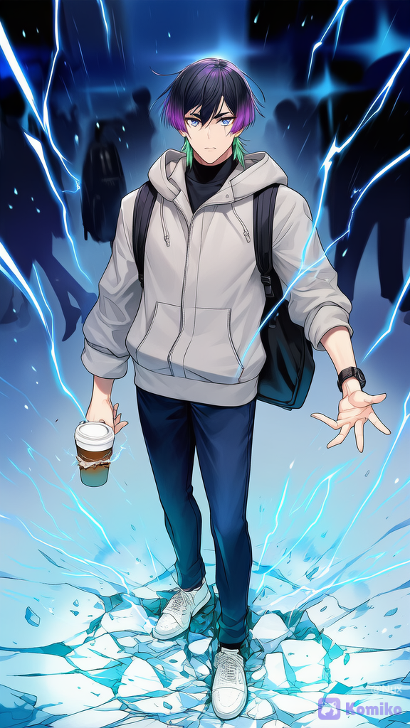 @hiiragi-rei-wJUo, light gray cotton hoodie, dark blue straight-leg jeans, white canvas sneakers, black backpack, simple black digital watch, fabric pulled taut, faint blue-white electric glow from collar, cuffs, and backpack zipper. (sudden stop:1.2), body rigid, head snaps up, sharp intense gaze, blue light in pupils, crushing coffee cup, hand raised, fingers splayed, visible electric arcs flowing around fingertips. (same location but dramatic lighting shift:1.3), air distortion, faint shockwave, ground cracking beneath feet, light emanating from cracks. Blurred pedestrians turning to look, expressions of confusion and fear. Cinematic lighting, dramatic high contrast, volumetric lighting, god rays. Hyper-8K, sharp focus on intense expression and glowing fingertips. Motion blur on background pedestrians. Shallow depth of field, bokeh effect. Magazine cover quality.