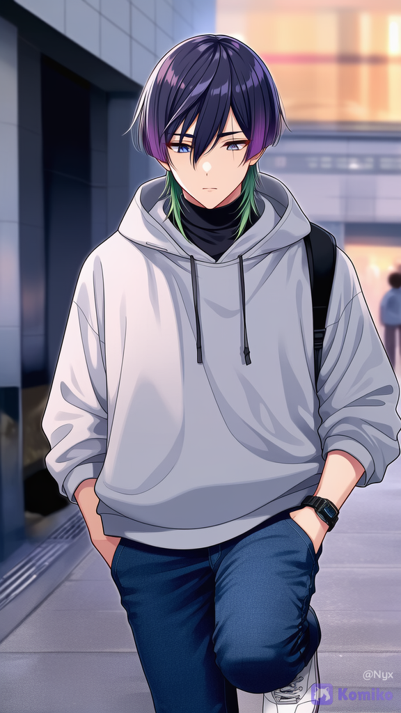 @hiiragi-rei-wJUo, (casual streetwear:1.2), light gray cotton hoodie, dark blue straight-leg jeans, white canvas sneakers, black backpack, simple black digital watch, ordinary, unassuming, mundane, (walking casually:1.1), head down, one hand in pocket, holding a convenience store coffee cup, relaxed posture, slightly slouching, looking at the ground, commuting, (overcast city street:1.2), soft cool lighting, blurred pedestrians, wet asphalt, grey building wall, subway entrance, mundane urban environment, Ultra-realistic, DSLR quality photograph, true resolution, sharp focus on the subject's face and clothing texture. Natural overcast lighting, soft diffused shadows, no harsh highlights. Shallow depth of field, cinematic composition, authentic skin texture, subtle fabric details on the hoodie and jeans. Color graded with a slightly desaturated, cool tone for a mundane atmosphere. photorealistic.
