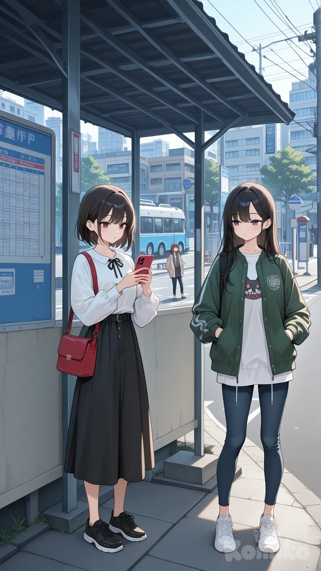 2girls, hands in pockets, looking at phone, full body, bus stop