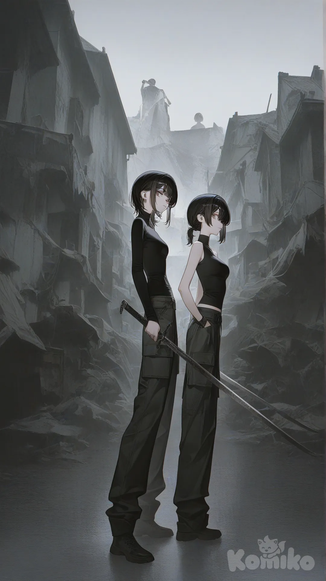 [high-contrast-glossy-style], 2girls, holding sword, henley shirt, cargo pants, full body