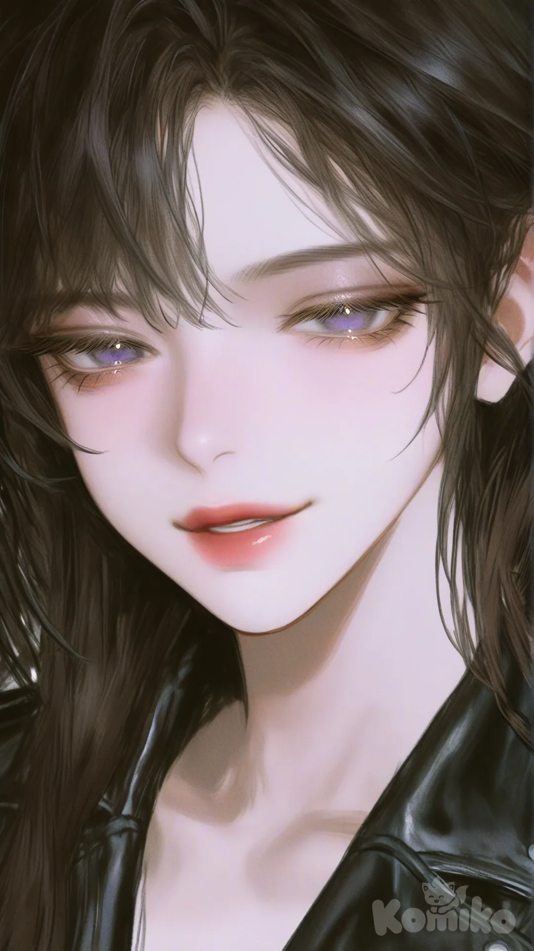 [semi-realistic-portrait-style], closeup, 1girl, smirk, leather jacket