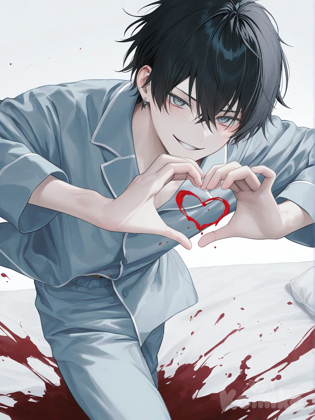 @kusagane-kabuto-b7pY, [watercolor-illustration-style], hands on own face, falling on bed, blood on bed, heart hands, evil smile, pajamas, looking at viewer, full body, from above, front profile photo, cowboy shot
