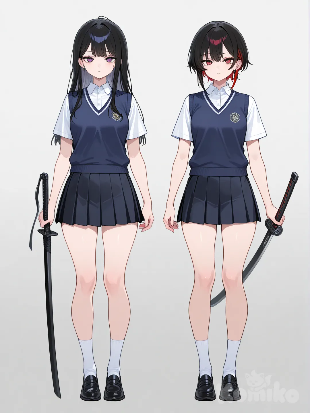2girls, holding sword, polo shirt, school vest, full body