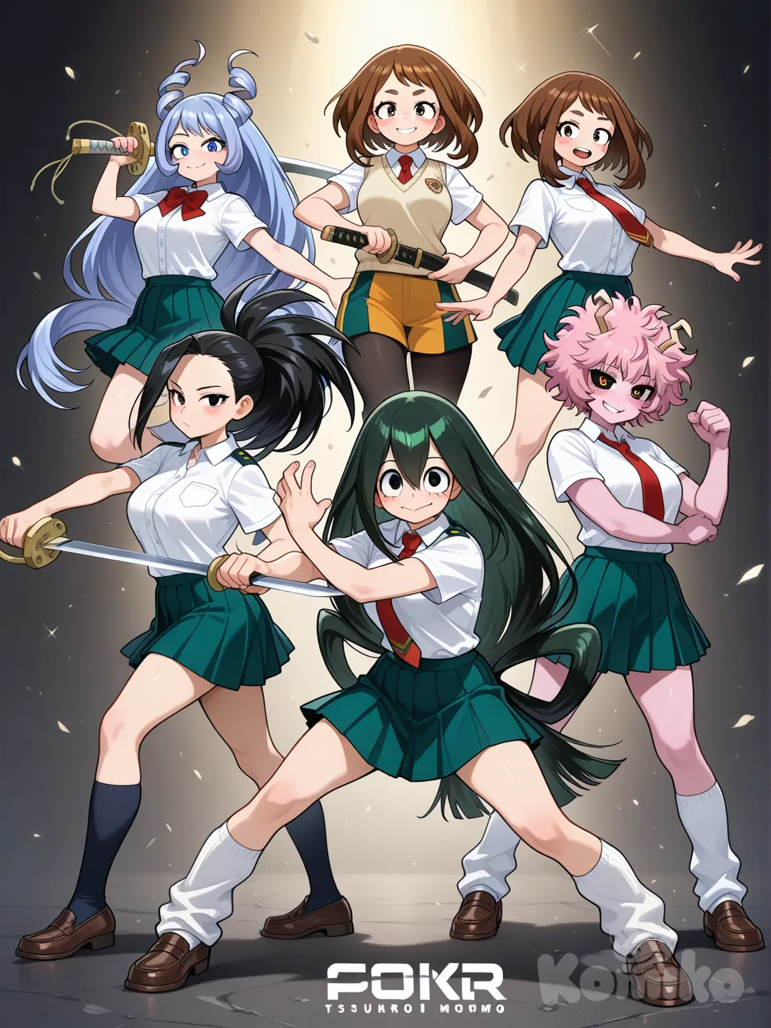 2girls, Toga Himiko, Hadou Nejire, Uraraka Ochako, Ashido Mina, Hagakure Tooru, Asui Tsuyu, Yaoyorozu Momo, holding sword, polo shirt, school vest, full body