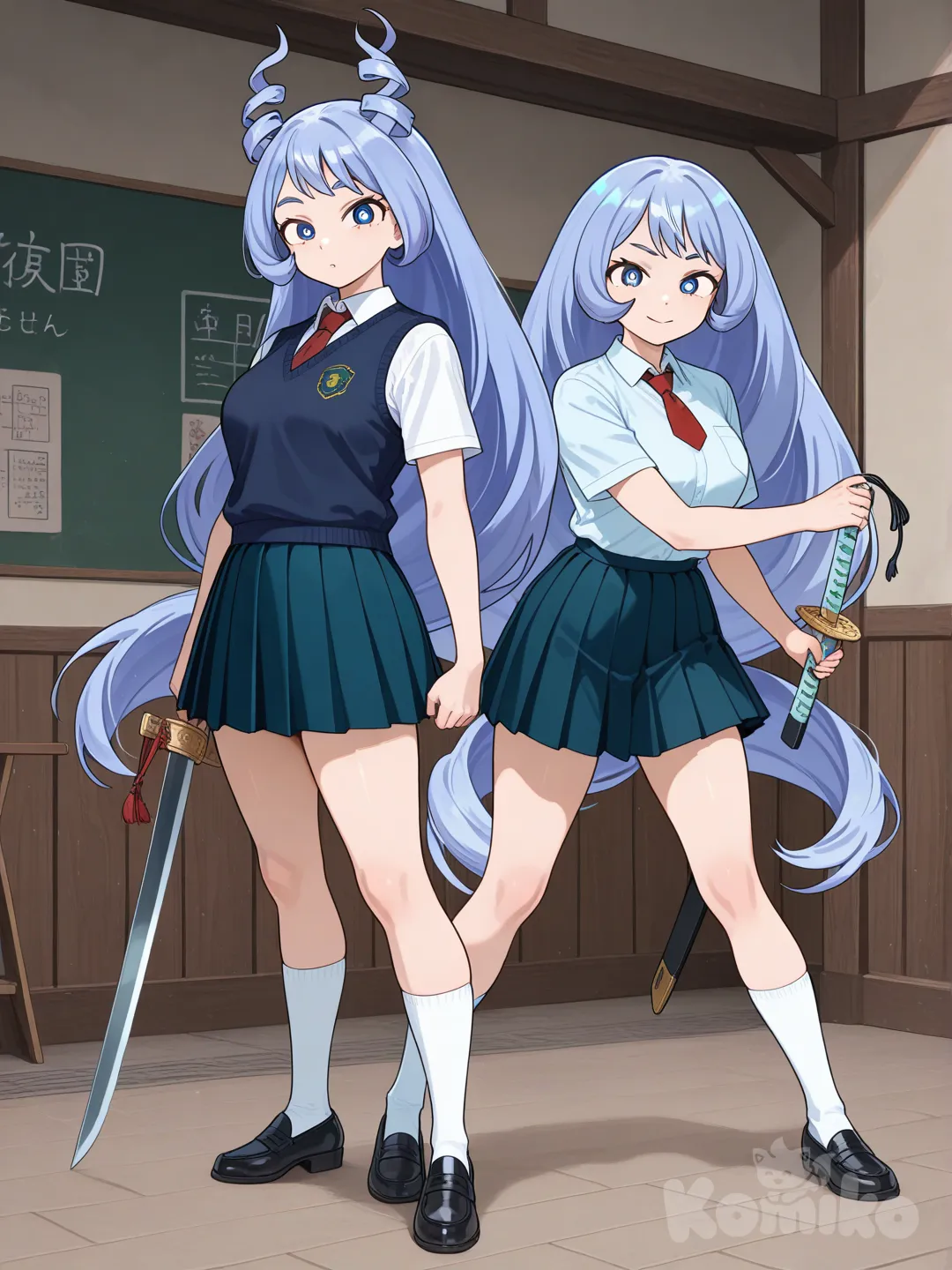 2girls, holding sword, polo shirt, school vest, full body, Hadou Nejire