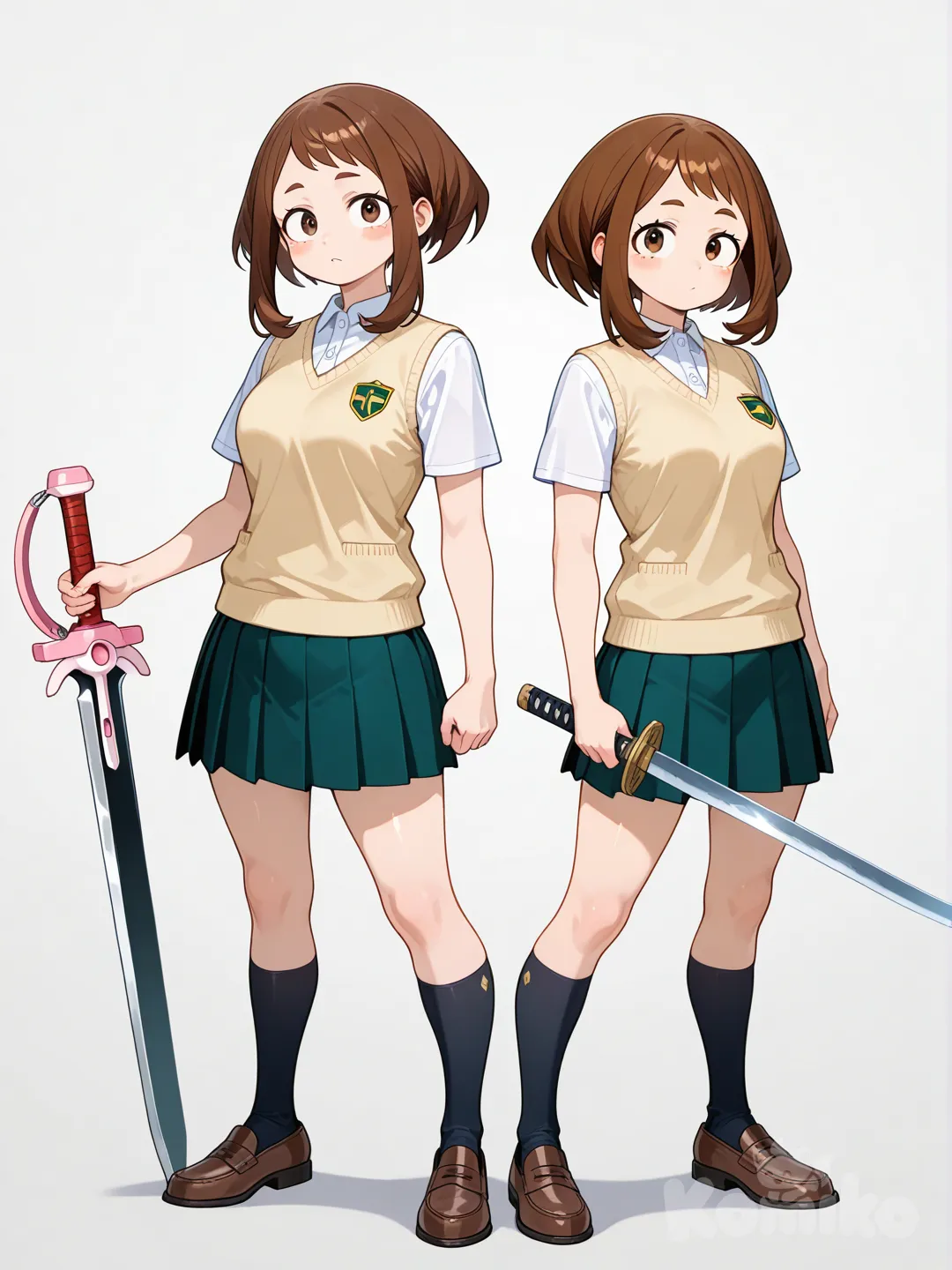 2girls, holding sword, polo shirt, school vest, full body, Uraraka Ochako