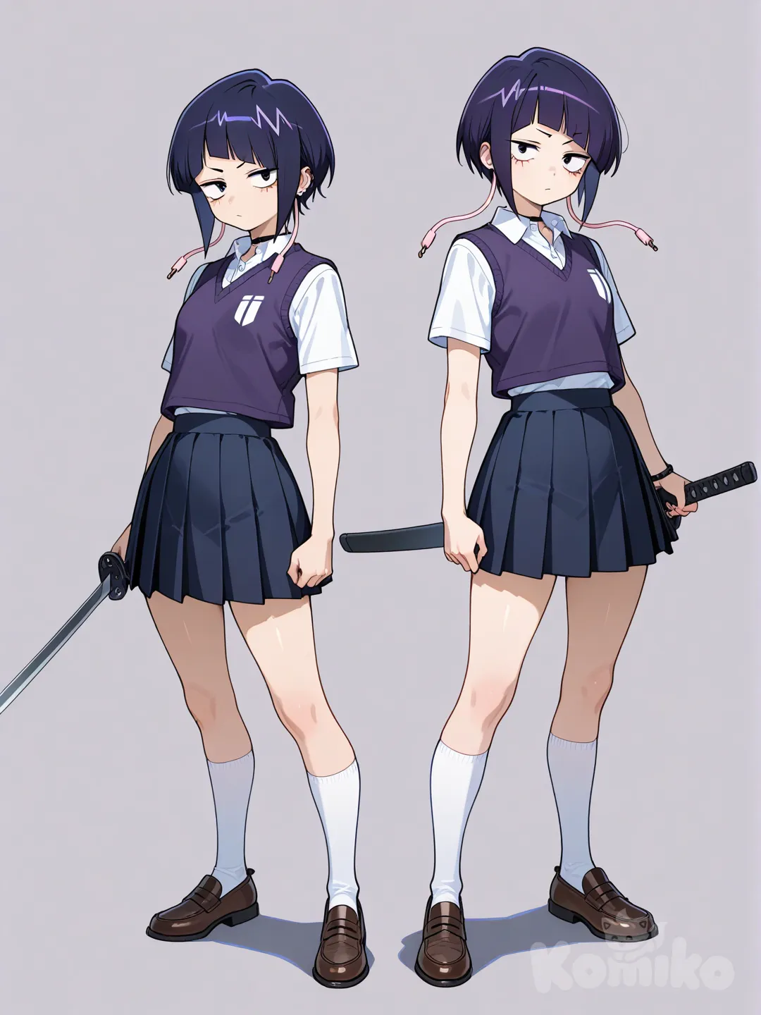 2girls, holding sword, polo shirt, school vest, full body, @Jirou_Kyouka