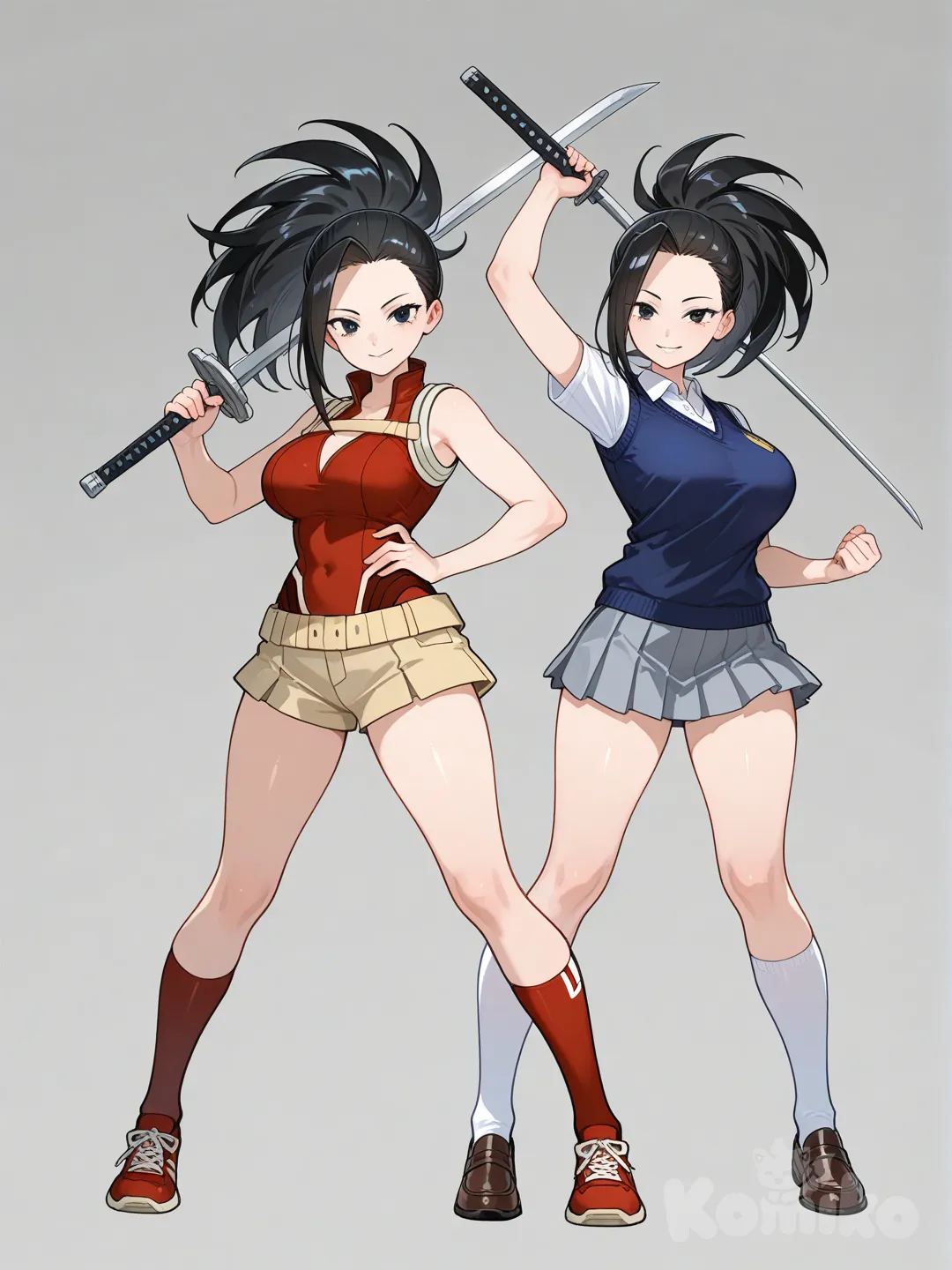 2girls, holding sword, polo shirt, school vest, full body, Yaoyorozu Momo