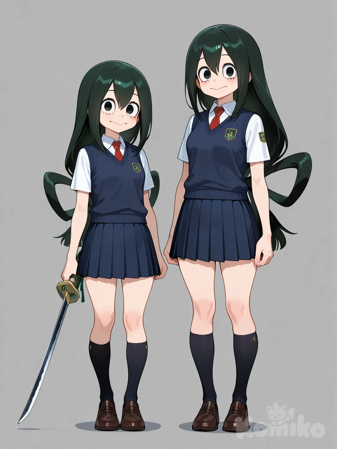 2girls, holding sword, polo shirt, school vest, full body, Asui Tsuyu