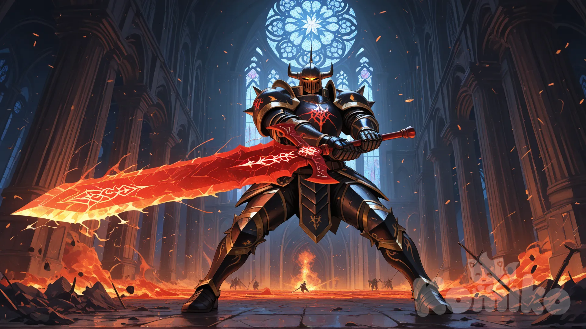 Ultra-cinematic illustration of an elite knight in ornate black-and-gold armor, intricate engravings glowing with azure runes, wielding a massive two-handed flaming greatsword, locked in furious combat against a colossal 12-foot-tall corrupted knight in jagged obsidian armor dripping with molten lava, cracked helmet revealing a burning skull beneath. 

The elite knight is mid-leap, sword slashing downward in a blazing arc, sparks and embers exploding on impact. The giant knight counters with a brutal overhead smash using a monstrous warhammer wreathed in dark crimson energy, shockwaves rippling through the air. 

Ancient ruined cathedral battlefield at night, shattered stained-glass windows raining colorful shards, moonlight cutting through dust and smoke, dramatic rim lighting, flying debris, embers, and blood particles. 

Hyper-realistic, ultra-sharp 8K detail, cinematic color grading, epic scale, dynamic camera angle from below, style of Frank Frazetta + Alphonse Mucha + Greg Rutkowski + WLOP, absurdres