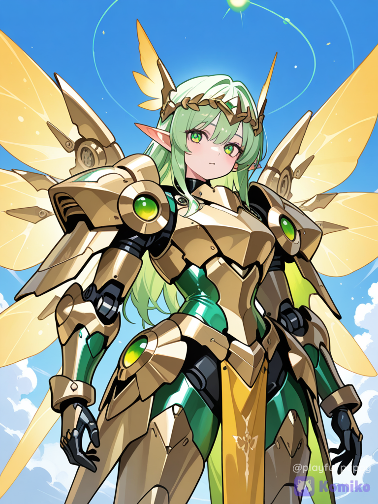 Fairy, yellow mecha wings, bronze and silver mecha armor with green orbs