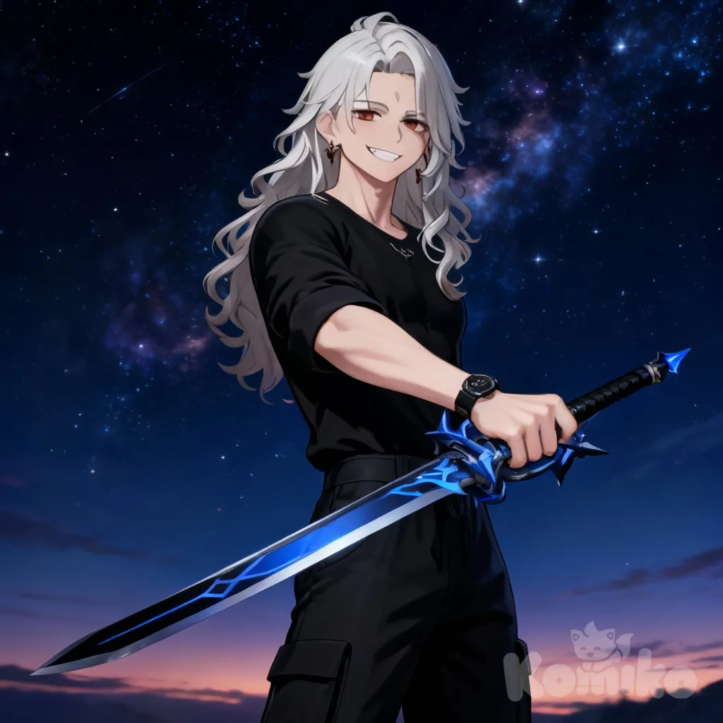 Minami Kazumi, Genshin Impact, evil smile, front profile photo, upper body, looking at viewer, cinematic lighting, twilight, cosmic background, Showing his sword to the viewer