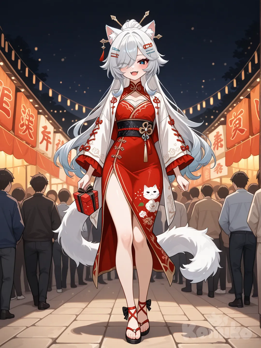 Персонаж: Девушка обладает серебристые длинными по пояс волосами собраны в хвост, только с белыми острыми кошачьими ушами и пушистый хвост. Ее глаза разного цвета (гетерохромия): левый глаз красный, правый — синий. На лице видна как она улыбается с выступающими клыками. Элементы: Она опустила руки вниз. Она на ней открытый новогодний наряд 2 шпильки императорской роскоши в волосах. фон: Изображение выполнено в стиле цифровой живописи, имитирующем аниме, с темным, неясным фоном, фокусирующим внимание на персонажах. Находится в деревушке новогодний фестиваль, повсюду жители веселятся, она в руках держит подарки, ноги прямые, одна нога в растоянии 20 см. от другой, в полный рост, в стиле Genshin Impact