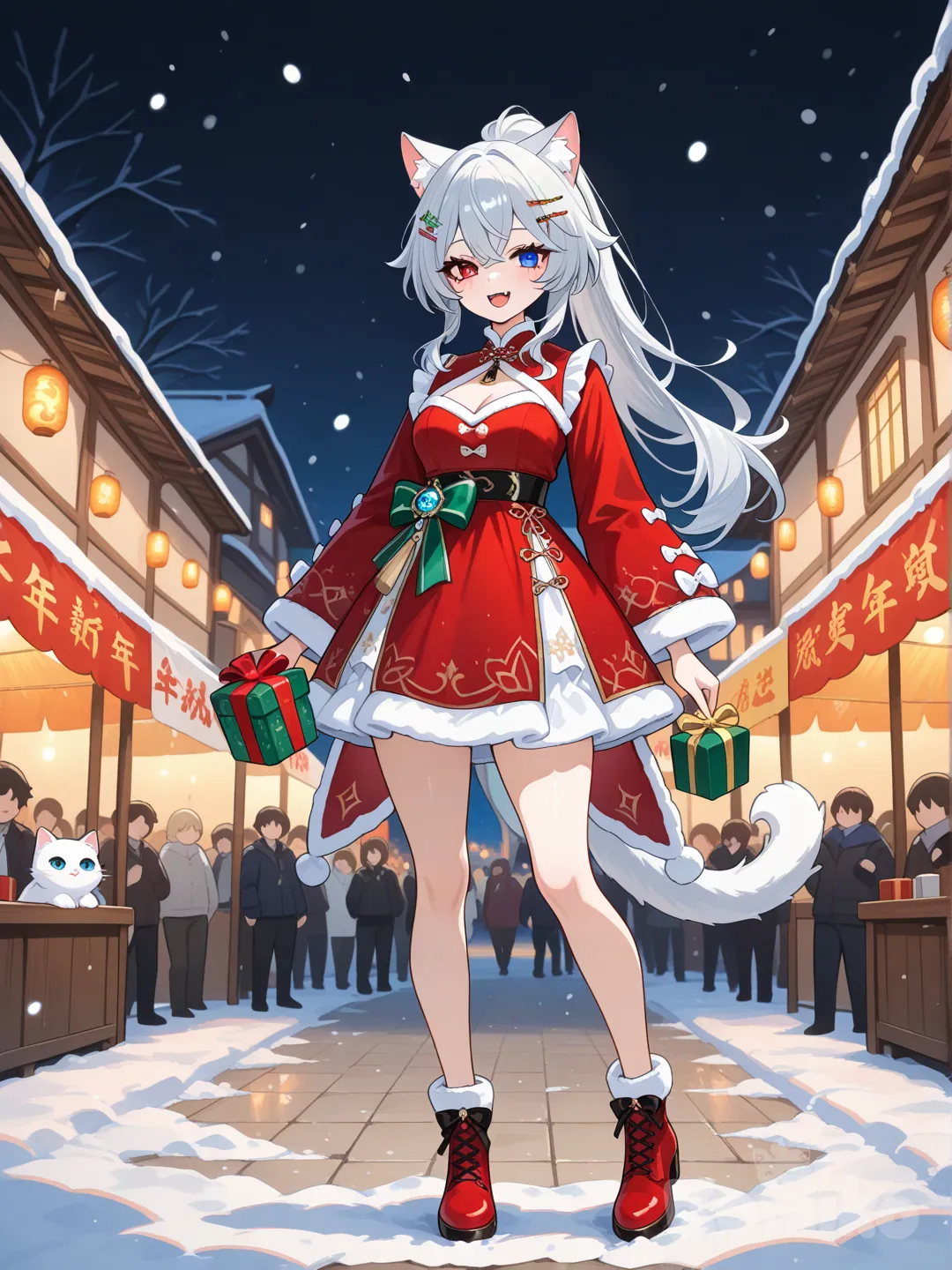 Персонаж: Девушка обладает серебристые длинными по пояс волосами собраны в хвост, только с белыми острыми кошачьими ушами и пушистый хвост. Ее глаза разного цвета (гетерохромия): левый глаз красный, правый — синий. На лице видна как она улыбается с выступающими клыками. Элементы: Она опустила руки вниз. Она на ней открытый новогодний наряд 2 шпильки императорской роскоши в волосах. фон: Изображение выполнено в стиле цифровой живописи, имитирующем аниме, с темным, неясным фоном, фокусирующим внимание на персонажах. Находится в деревушке новогодний фестиваль, повсюду жители веселятся, она в руках держит подарки, ноги прямые, одна нога в растоянии 20 см. от другой, в полный рост, в стиле Genshin Impact