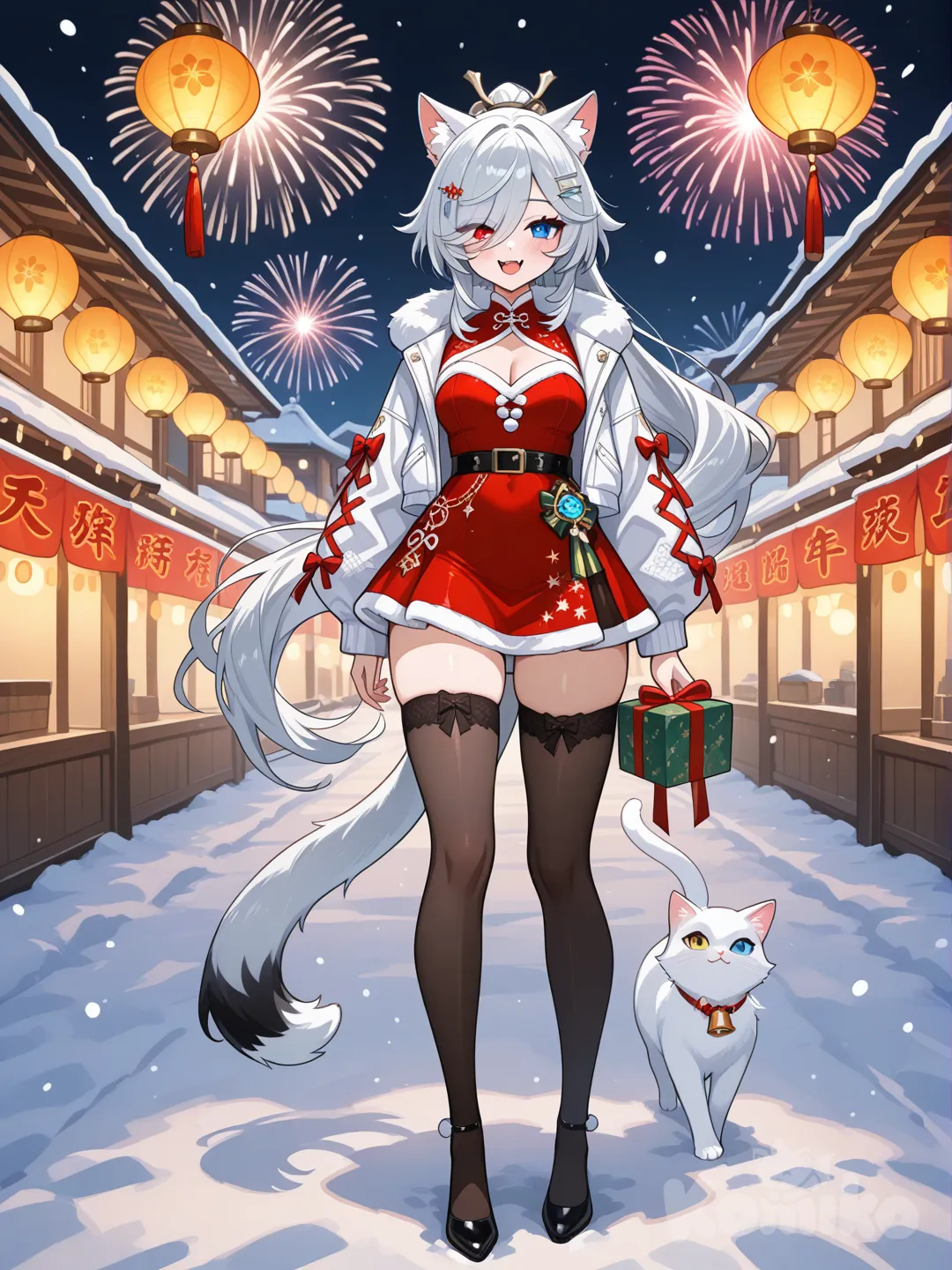 Персонаж: девушка с серебристыми длинными волосами до пояса, собранными в хвост, с белыми острыми кошачьими ушами и пушистым хвостом. У неё глаза разного цвета (гетерохромия): левый глаз красный, правый — синий. На лице видна улыбка с выступающими клыками. Элементы: она опустила руки. На ней открытый новогодний наряд, в волосах — две шпильки императорской роскоши. Фон: изображение выполнено в стиле цифровой живописи, имитирующей аниме, с тёмным, размытым фоном, привлекающим внимание к персонажам. В деревушке проходит новогодний фестиваль, жители веселятся, она держит в руках подарки, ноги прямые, одна нога на расстоянии 20 см от другой, в полный рост, в стиле Genshin Impact
Персонаж: девушка с серебристыми длинными волосами до пояса, собранными в хвост, с белыми острыми кошачьими ушами и пушистым хвостом. У неё глаза разного цвета (гетерохромия): левый глаз красный, правый — синий. На лице видна улыбка с выступающими клыками. Элементы: она опустила руки. На ней новогодний наряд, в волосах — две шпильки императорской роскоши. Фон: изображение выполнено в стиле цифровой живописи, имитирующей аниме, с тёмным, размытым фоном, привлекающим внимание к персонажам. В деревушке проходит новогодний фестиваль, жители веселятся, она держит в руках подарки, ноги прямые, одна нога на расстоянии 20 см от другой, в полный рост, в стиле Genshin Impact