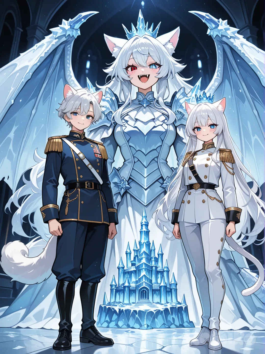 Персонаж: Девушка с серебряными волосами до пояса, только с белыми кошачьими ушами и пушистым хвостом и большими белыми драконьими крыльями. Её глаза разного цвета (гетерохромия): левый глаз красный, правый - синий. Её лицо показывает, что она улыбается, выпячивая клыки.Элементы: Она опустила руки вниз. Она одета в военную форму капитана, и 
Персонаж: парень с серебряными волосами до пояса, только с белыми кошачьими ушами и пушистым хвостом и большими белыми драконьими крыльями. Его глаза разного цвета (гетерохромия): левый глаз красный, правый - синий. Его лицо показывает, что он улыбается, выпячивая клыки.Элементы: Он опустила руки вниз. Он одет в белое одеянии с ледяной короной на голове командующего.Фон: Изображение выполнено в стиле цифровой живописи, имитирующей аниме, с тёмным, неясным фоном, который фокусирует внимание на персонажах. Они Находится в ледяном замке,  вместе с другими воинами, они решают, как действовать. [f_neg:d0198d800dfc4bdf94481c7918b5dc3f]