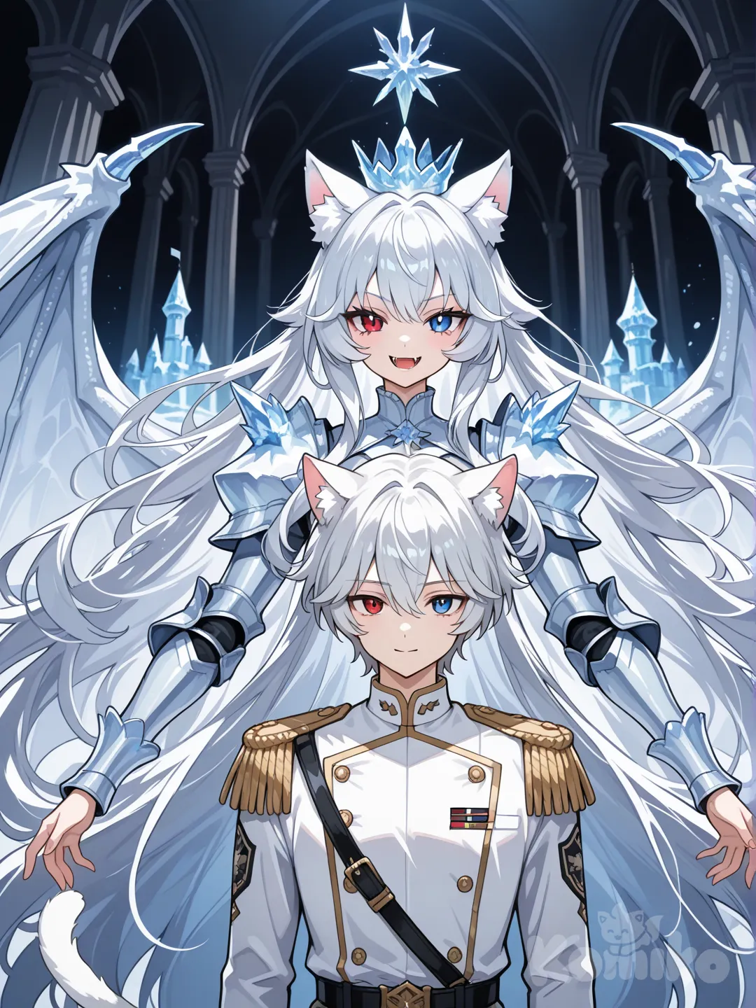 Персонаж: Девушка с серебряными волосами до пояса, только с белыми кошачьими ушами и пушистым хвостом и большими белыми драконьими крыльями. Её глаза разного цвета (гетерохромия): левый глаз красный, правый - синий. Её лицо показывает, что она улыбается, выпячивая клыки.Элементы: Она опустила руки вниз. Она одета в военную форму капитана, и 
Персонаж: парень с серебряными волосами до пояса, только с белыми кошачьими ушами и пушистым хвостом и большими белыми драконьими крыльями. Его глаза разного цвета (гетерохромия): левый глаз красный, правый - синий. Его лицо показывает, что он улыбается, выпячивая клыки.Элементы: Он опустила руки вниз. Он одет в белое одеянии с ледяной короной на голове командующего.Фон: Изображение выполнено в стиле цифровой живописи, имитирующей аниме, с тёмным, неясным фоном, который фокусирует внимание на персонажах. Они Находится в ледяном замке,  вместе с другими воинами, они решают, как действовать. [f_neg:d0198d800dfc4bdf94481c7918b5dc3f]
