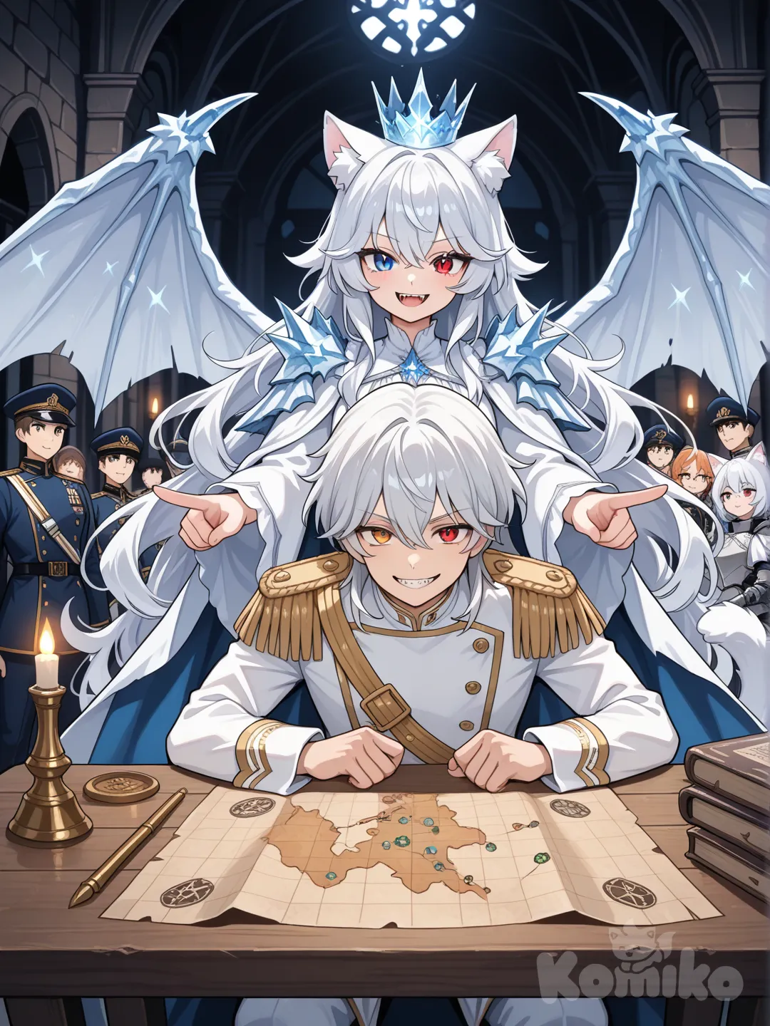 Первый Персонаж: Девушка с серебряными волосами до пояса, только с белыми кошачьими ушами и пушистым хвостом и большими белыми драконьими крыльями. Её глаза разного цвета (гетерохромия): левый глаз красный, правый - синий. Её лицо показывает, что она улыбается, выпячивая клыки.
Элементы: Она опустила руки вниз. Она одета в военную форму капитана.
А с ней парень с серебряными волосами, только с белыми кошачьими ушами и пушистым хвостом, Его глаза цвета синего. Его лицо показывает, что он улыбается, выпячивая клыки.
Элементы: Он опустила руки вниз. Он одет в белое одеянии с ледяной короной на голове.
Фон: Изображение выполнено в стиле цифровой живописи, имитирующей аниме, с тёмным, неясным фоном, который фокусирует внимание на персонажах. они Находится в замке, вместе с другими воинами, 1-вая показывает на карту, а 2-ой двигает фигуры на карте