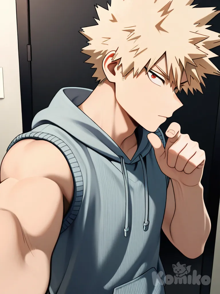 2boys, [vibrant-anime-style], Bakugou Katsuki, Hawks (Boku No Hero Academia), selfie, pointing at viewer, knitted vest, hoodie, side profile photo