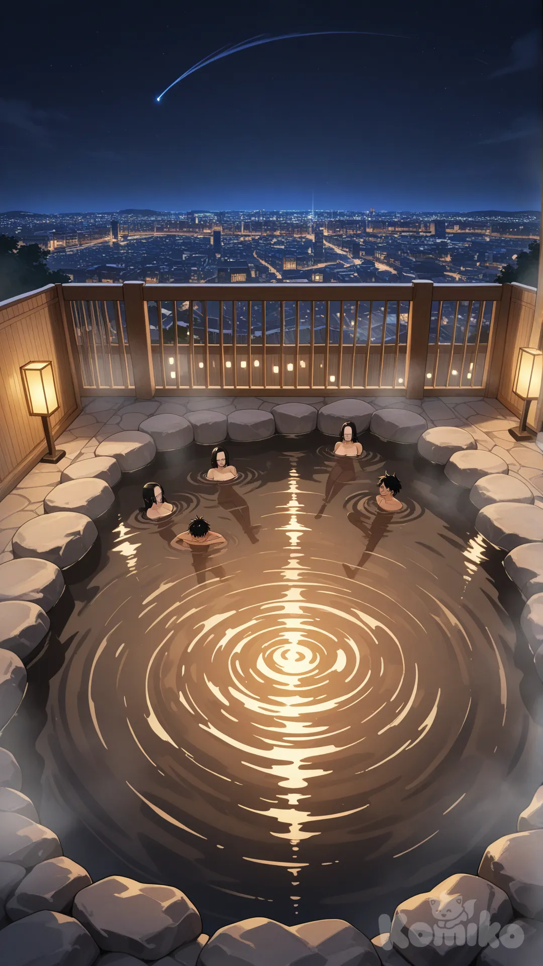 @Sanji_(One_Piece), @Monkey_D._Luffy, focus male face and body, full body all character (face and body), looking away, ultra-wide shot, city lights, onsen, @Boa_Hancock