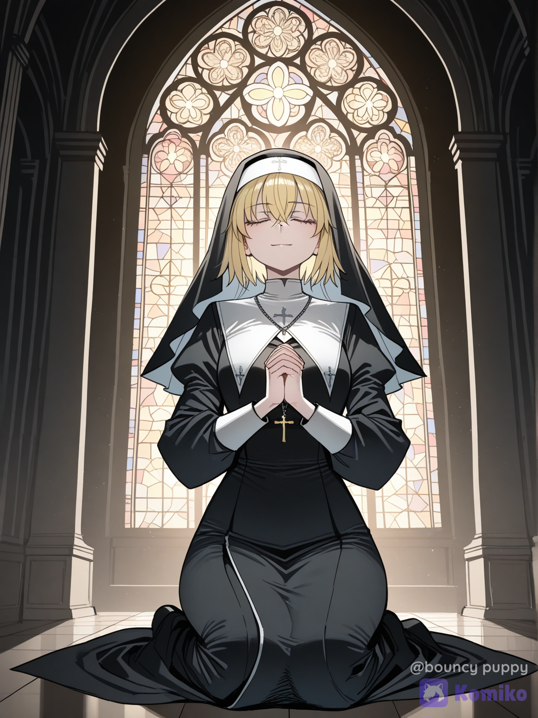 Jeanne D'Arc, fate, arrodillda, iglesia, traje de monja, color negro, rezando, orando, manos haciendo oración, ratatat74r