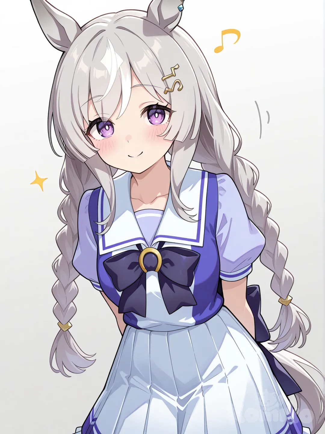 umamusume, Light grey hair, purple eyes, braided pigtails, music note hair clip