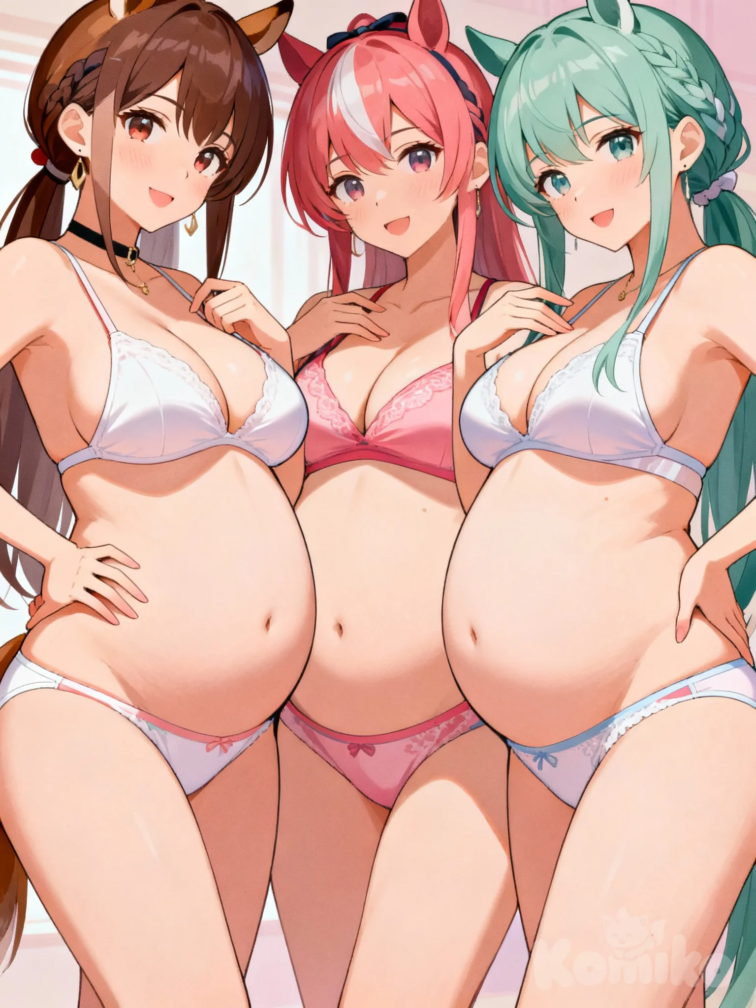 mihono bourbon (umamusume), daiwa scarlet (umamusume), mejiro mcqueen (umamusume), underwear only, big boobs, very big belly