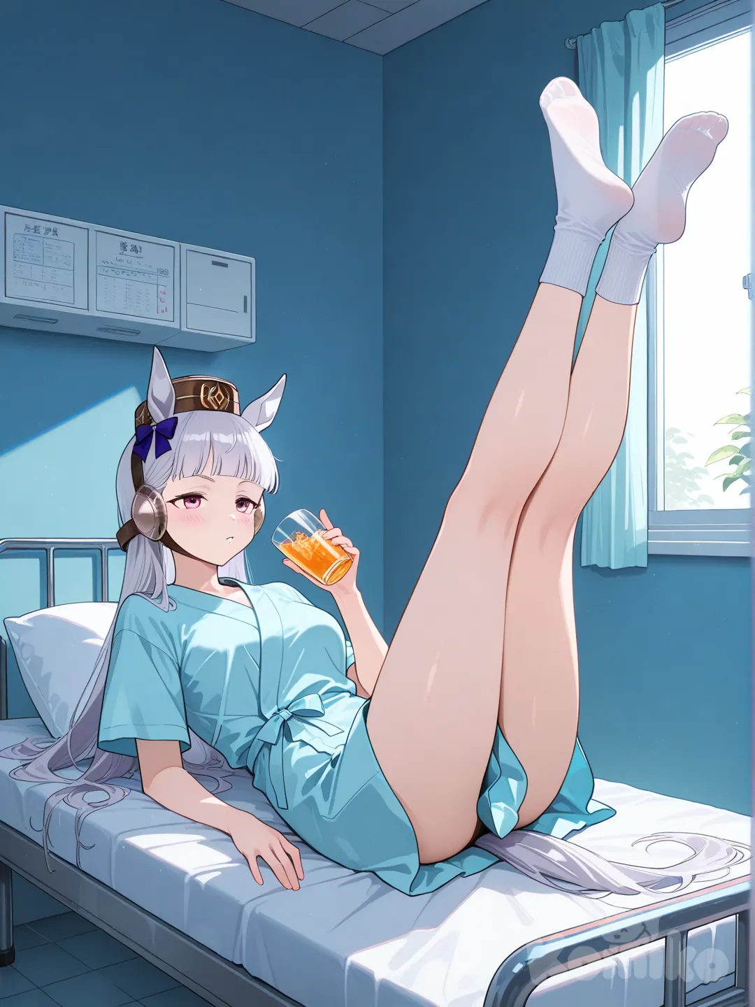 gold ship (umamusume), wearing a hospital gown, with grippy socks, holding a glass of apple juice, sitting on a hospital bed