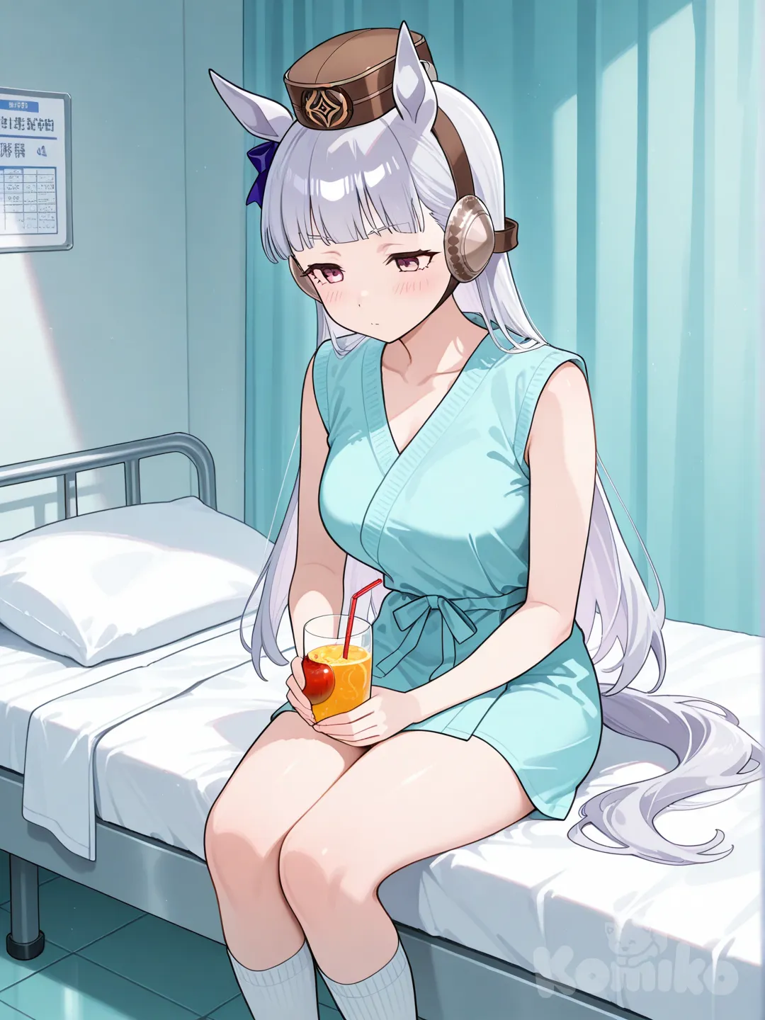 gold ship (umamusume), wearing a hospital gown, with grippy socks, holding a glass of apple juice, sitting on a hospital bed, not kicking her legs up
