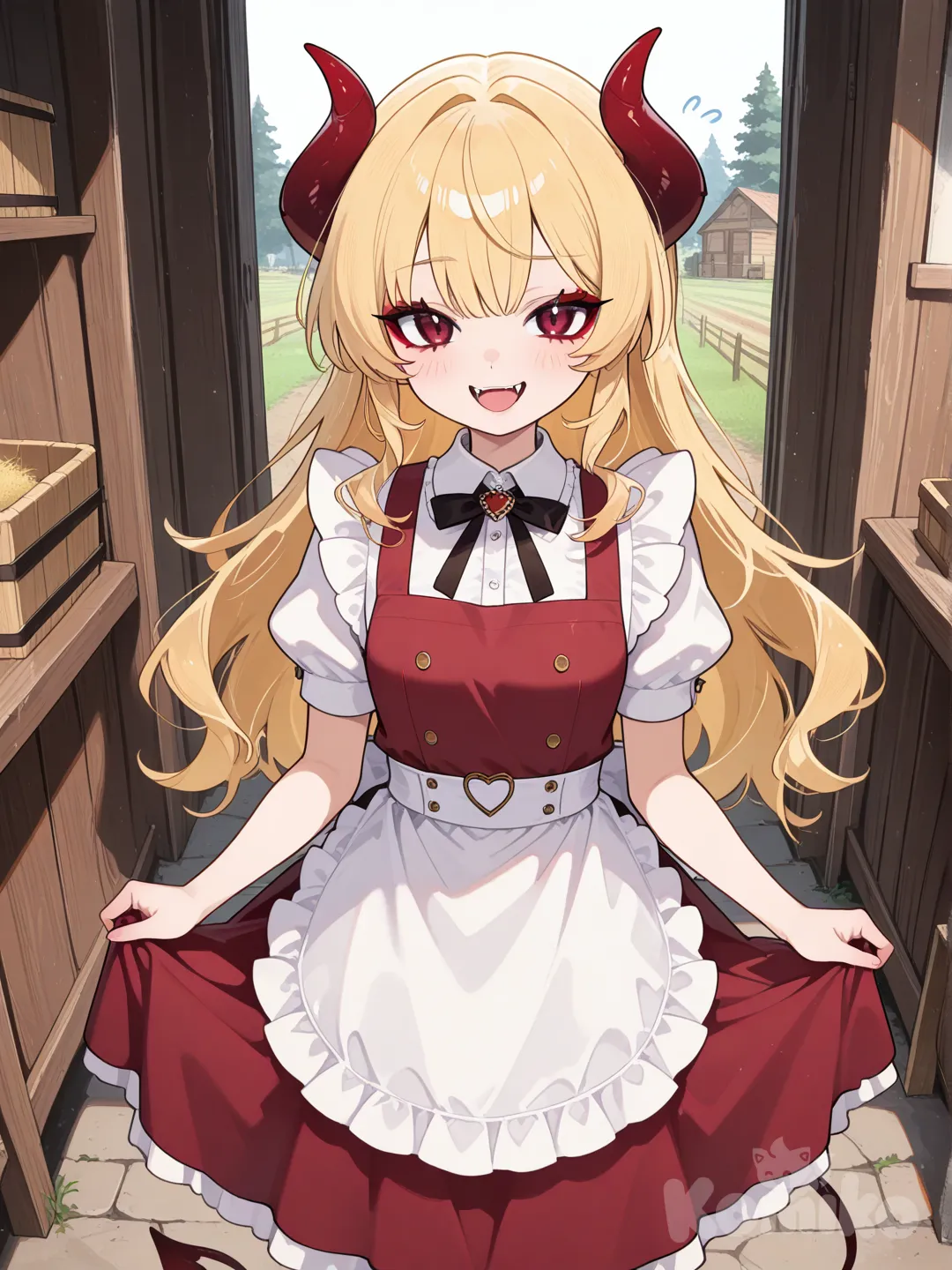 demon woman, blonde hair, dark red eyes, dressed as a farmer's wife