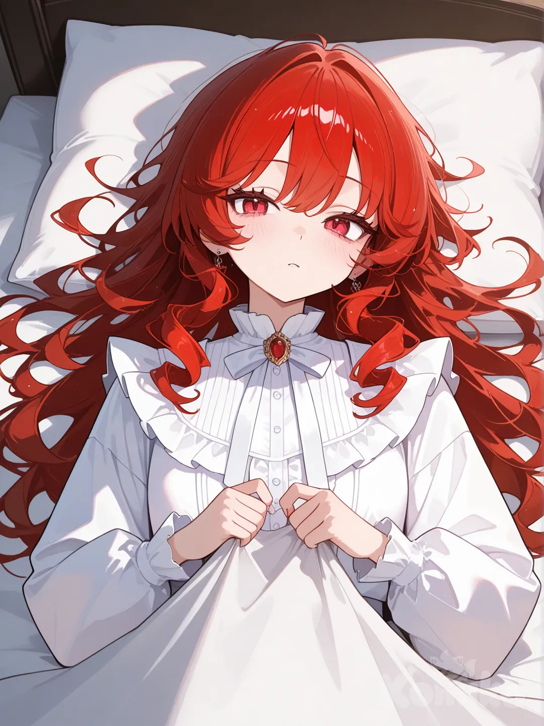 красные волосы, кудри, красные глаза, белая элегантная рубашка с рюшками. девушка парализована, находится в постели