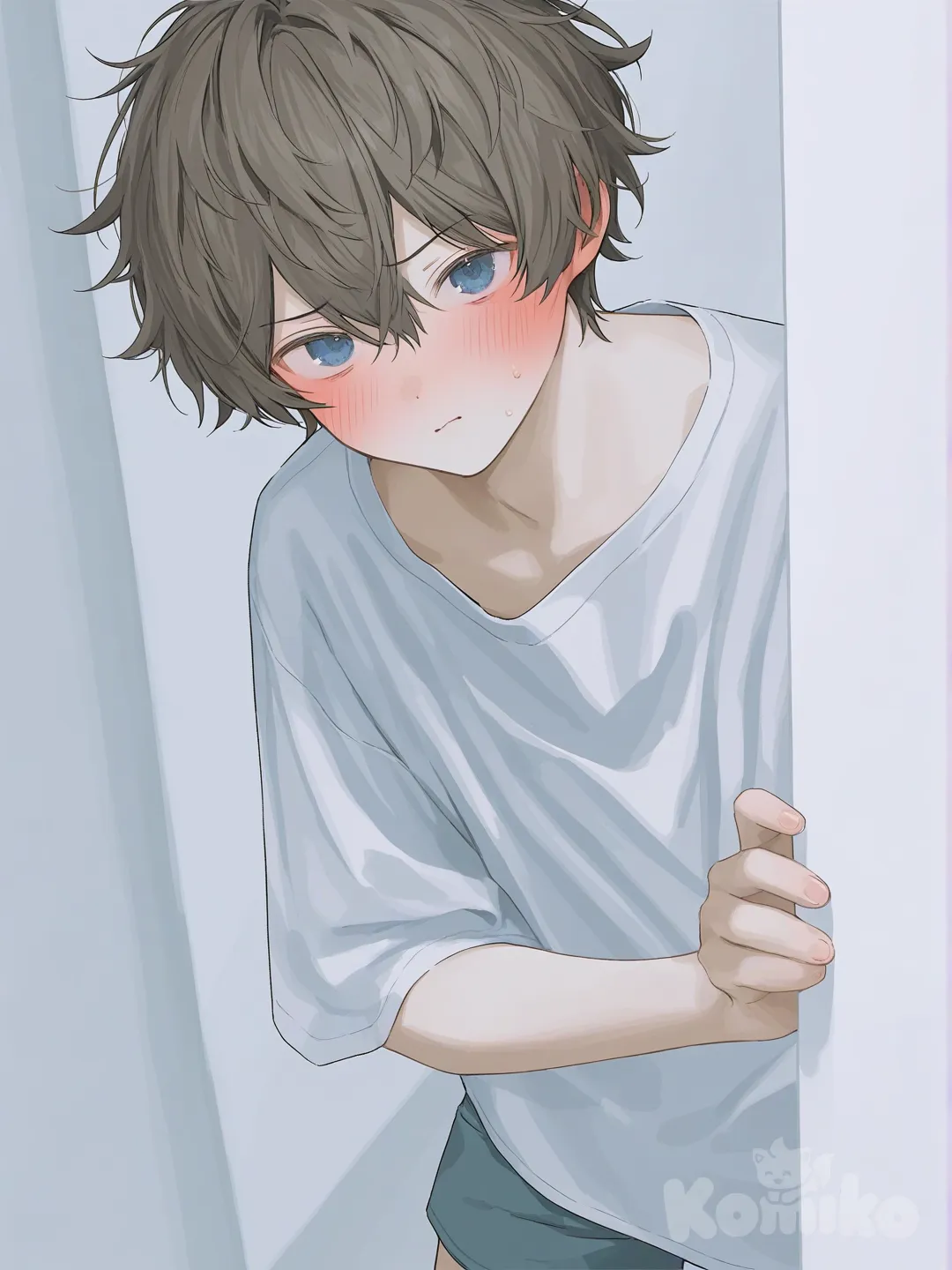 [soft-pastel-style]. мальчик лет 14 визуально, карие мягкие взъерошенные волосы, голубые глаза, взгляд смущённый и покрасневший. мальчик одет. в простую одежду состоящую из длинной, растянутой футболки и шорт, что еле выглядывают из под футболки. черты лица мягкие, детские