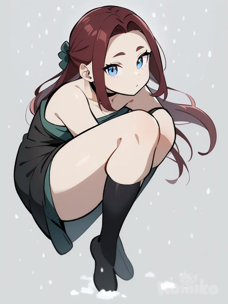 1girl, teenager, curvy, maroon hair, long hair, blue eyes, fair skin, choker, knee-high socks, black ink, dark colors, snowing, Demon Slayer style, original character in the world of Demon Slayer, single character, full body, looking at viewer, anime style, simple background, white background