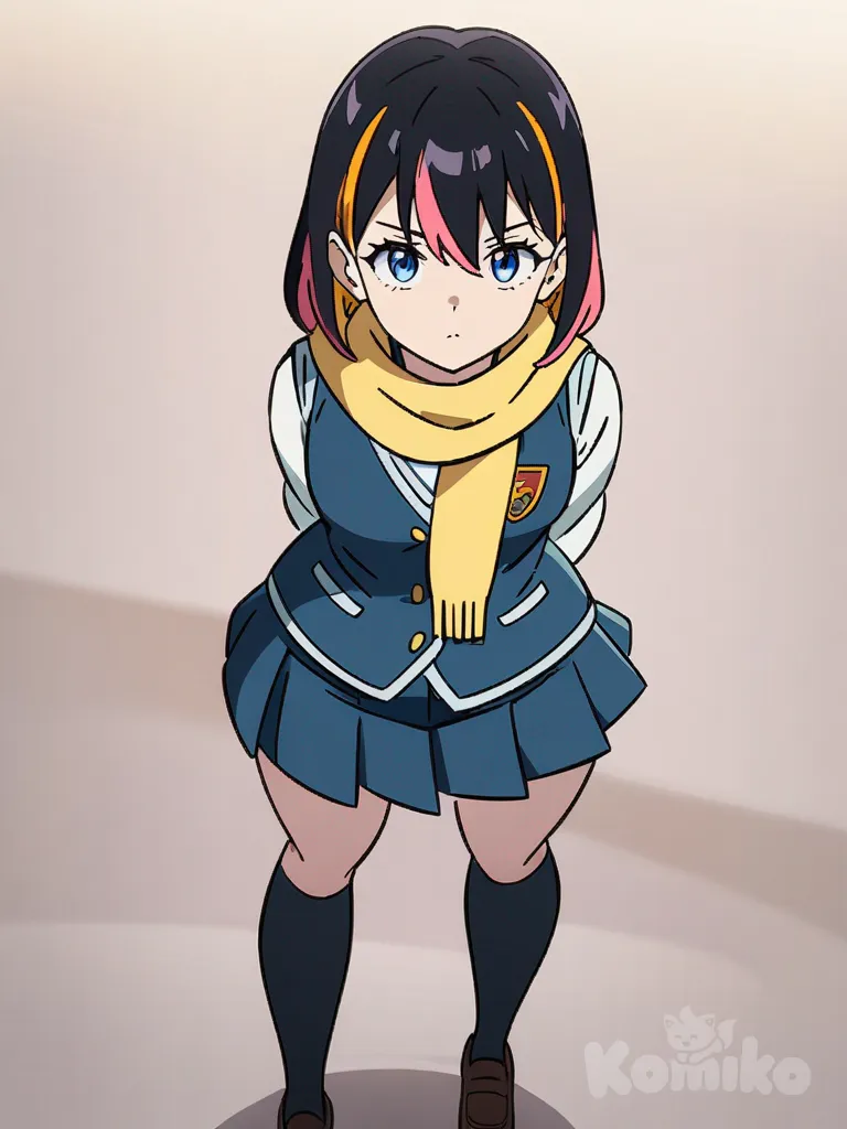 1girl, teenager, curvy, multi-colored hair, blue eyes, fair skin, school vest, pleated skirt, school uniform, scarf, knee-high socks, anime coloring, cel shading, Yugioh!, single character, full body, looking at viewer, anime style, simple background, white background