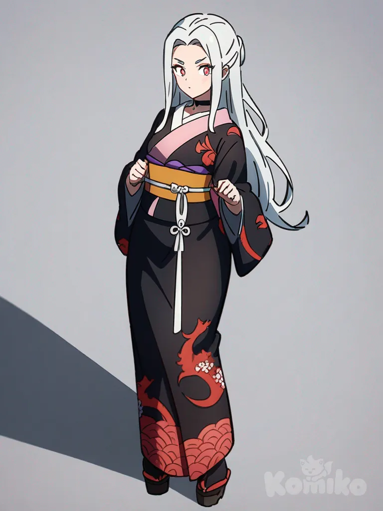 1girl, Demon Slayer, original character, cel shading, teenager, curvy, long hair, hair to the side, silver hair, red eyes, kimono, choker, jewelry, single character, full body, looking at viewer, anime style, simple background, anime coloring