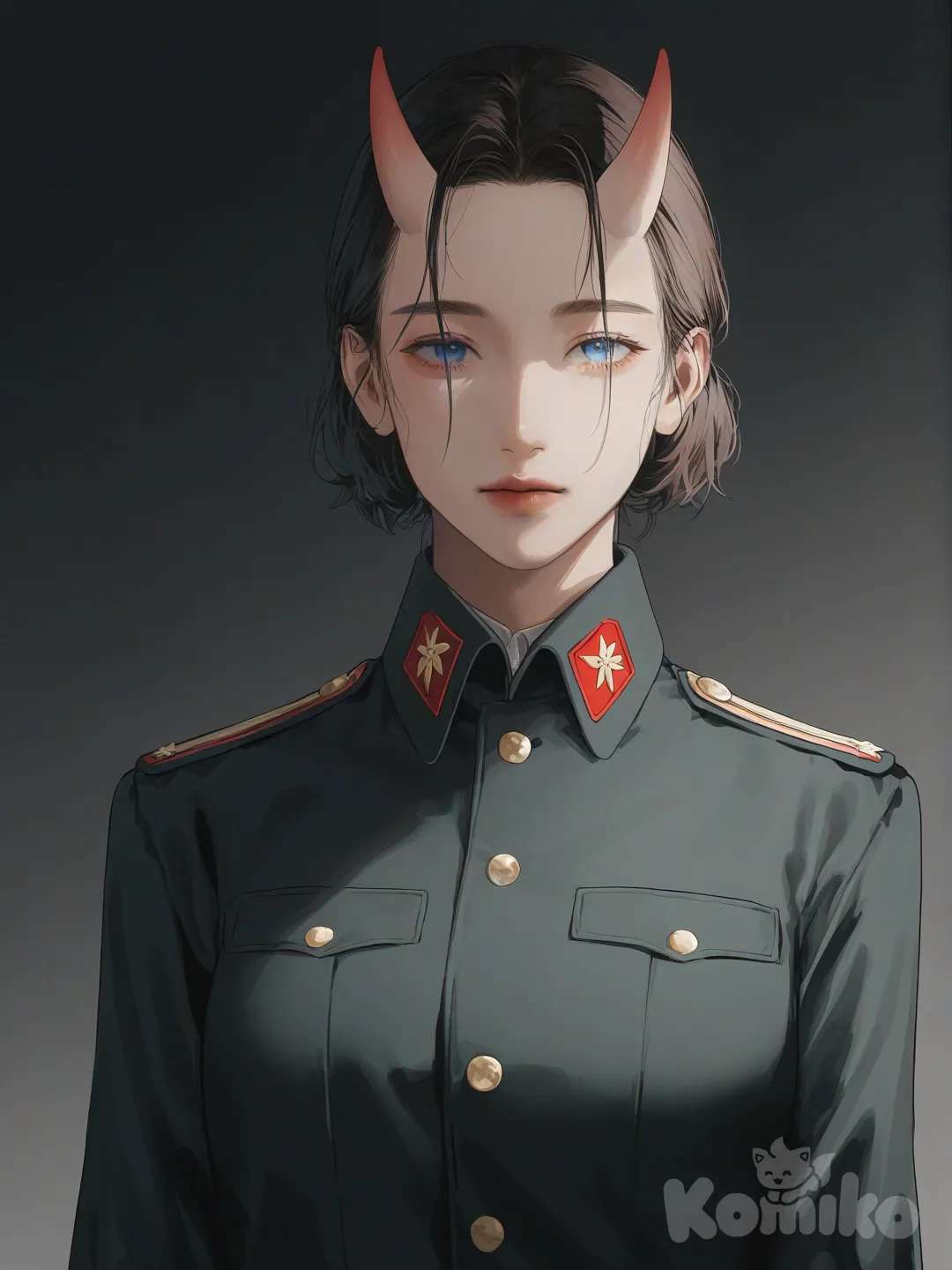 [soft-pastel-style] 1girl, brown_hair, short_hair, blue_eyes, military_uniform, oni_mask, cel_shading, realistic, mature, athletic, curvy, muscular, dark_background, single_character, full_body, looking_at_viewer, simple_background