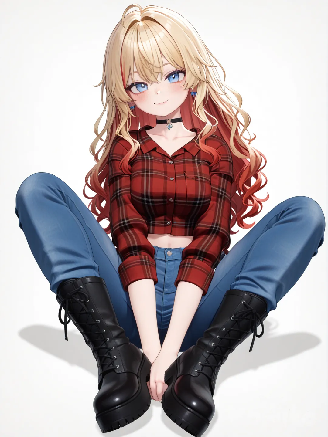 [3d-anime-style] 1girl, original_character, solo, red_hair, blonde_streaks, wavy_hair, side_part, blue_eyes, pale_skin, freckles, flannel_shirt, blue_flannel, crop_top, pants, boots, lace-up_boots, choker, bow_earrings, smile, full_body, looking_at_viewer, anime_style, single_character, simple_background, white_background