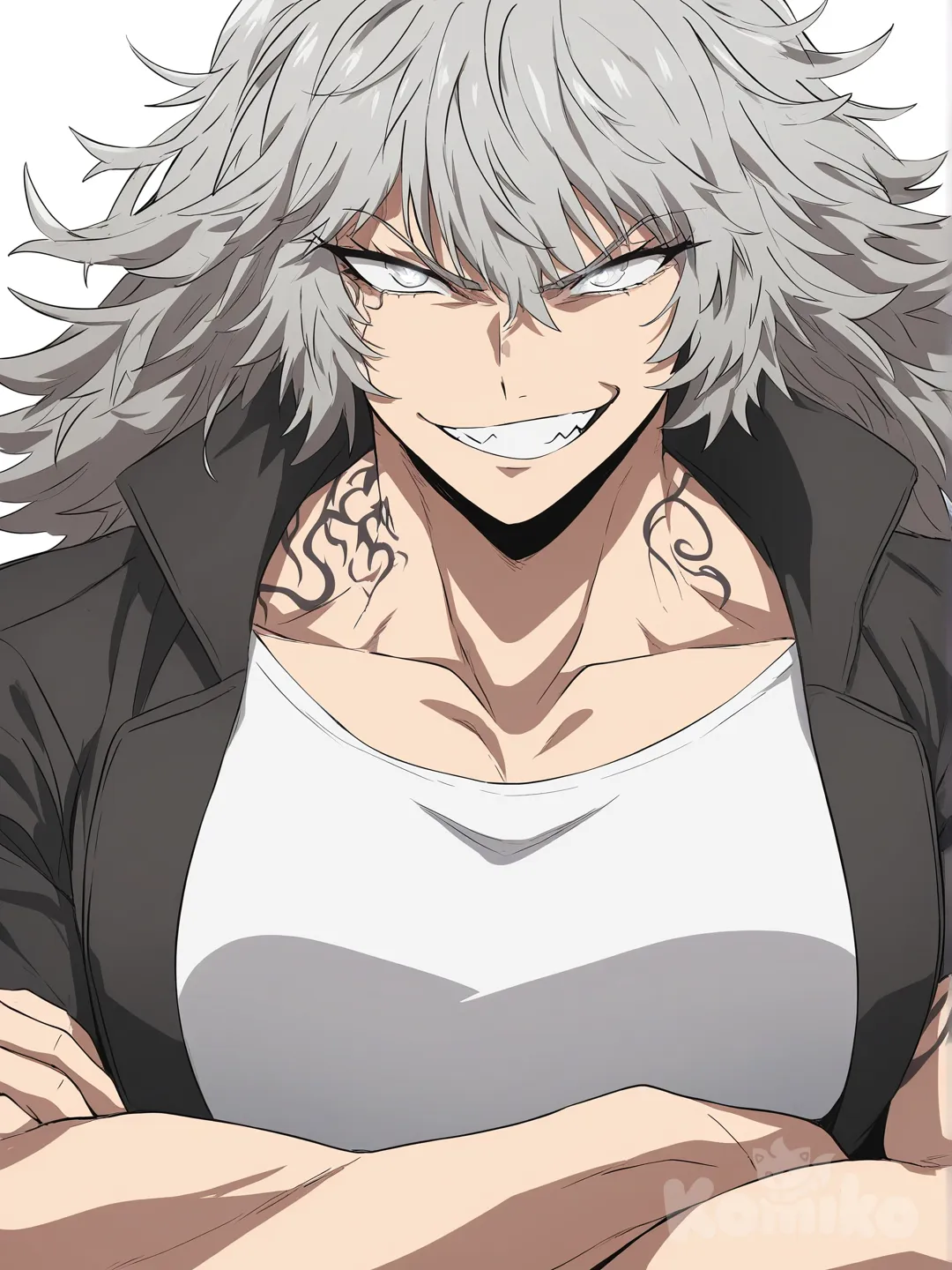 [bright-anime-style] 1girl, solo, tall, muscular_female, defined_muscles, sharp_jawline, high_cheekbones, silver_eyes, silver_hair, messy_hair, hair_highlight, smirk, showing_teeth, black_jacket, white_shirt, tight_clothes, tattoo, tattoo_on_arm, tattoo_on_neck, glowing, arms_crossed, full_body, looking_at_viewer, anime_style, simple_background, white_background