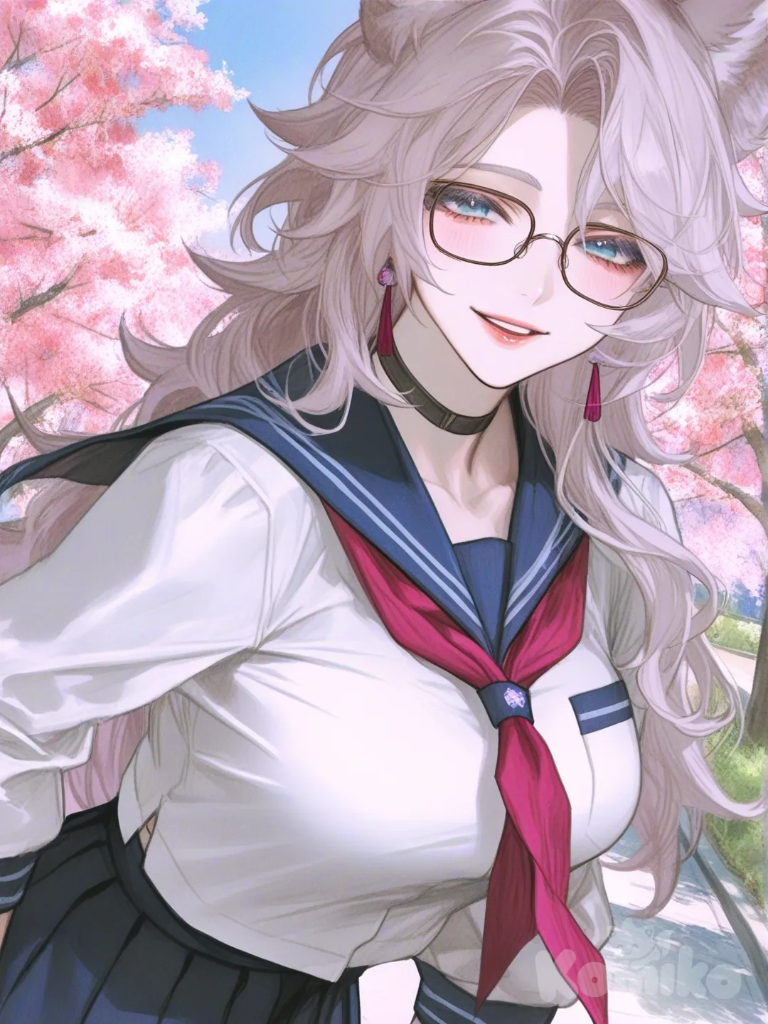 [semi-realistic-portrait-style] 1girl, watercolor, pastel colors, mature, curvy, side-parted hair, white hair, blue eyes, fair skin, school uniform, earrings, choker, glasses, knee-high socks, wolf ears, cherry blossom trees, walking to viewer, smiling softly, light blush