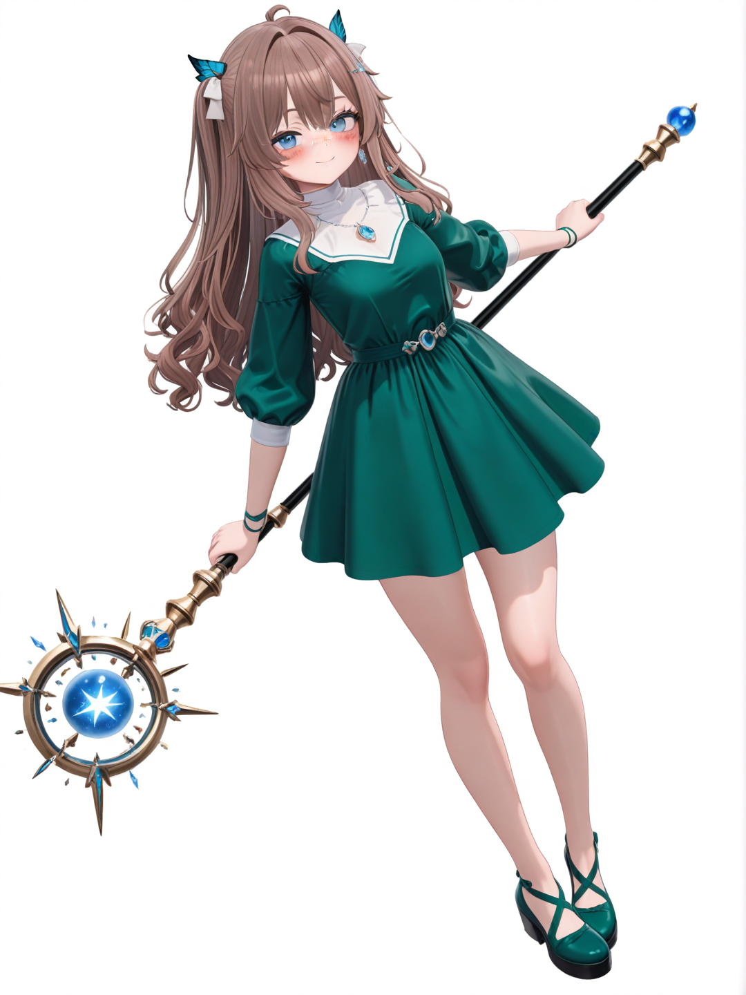[3d-anime-style] 1girl, solo, long_hair, brown_hair, hair_highlights, blue_eyes, dress, green_dress, smile, dimples, freckles, blush, magical_glow, dynamic_pose, holding_staff, staff, jewelry, silver_jewelry, single_character, full_body, looking_at_viewer, anime_style, simple_background, white_background