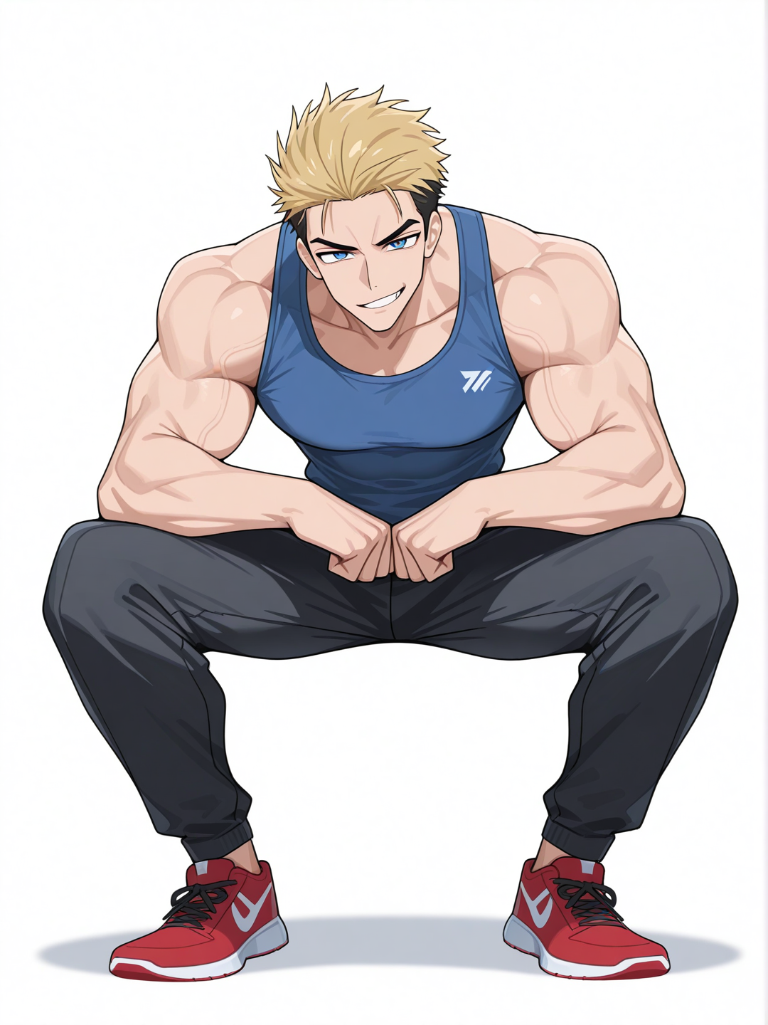 [toon-shaded-style] 1boy, tall, muscular, athletic_build, blue_eyes, intense, black_hair, windswept_hair, blonde_highlights, strong_jawline, grin, elegant_hands, smirking, single character, full body, looking at viewer, anime style, simple background, white background