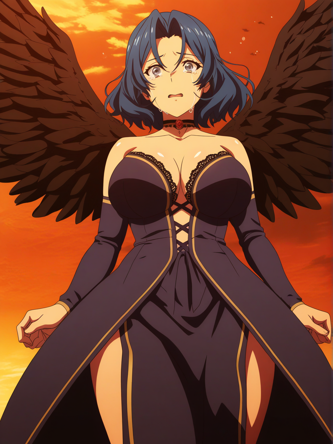 [pop-anime-style] 1girl, Fallen Angel, cel shading, celluloid, anime coloring, mature, curvy, blue hair, gray eyes, fair skin, angelic clothing, dark colors, lace, angle wings, choker, sunset, falling from sky, fear, tears