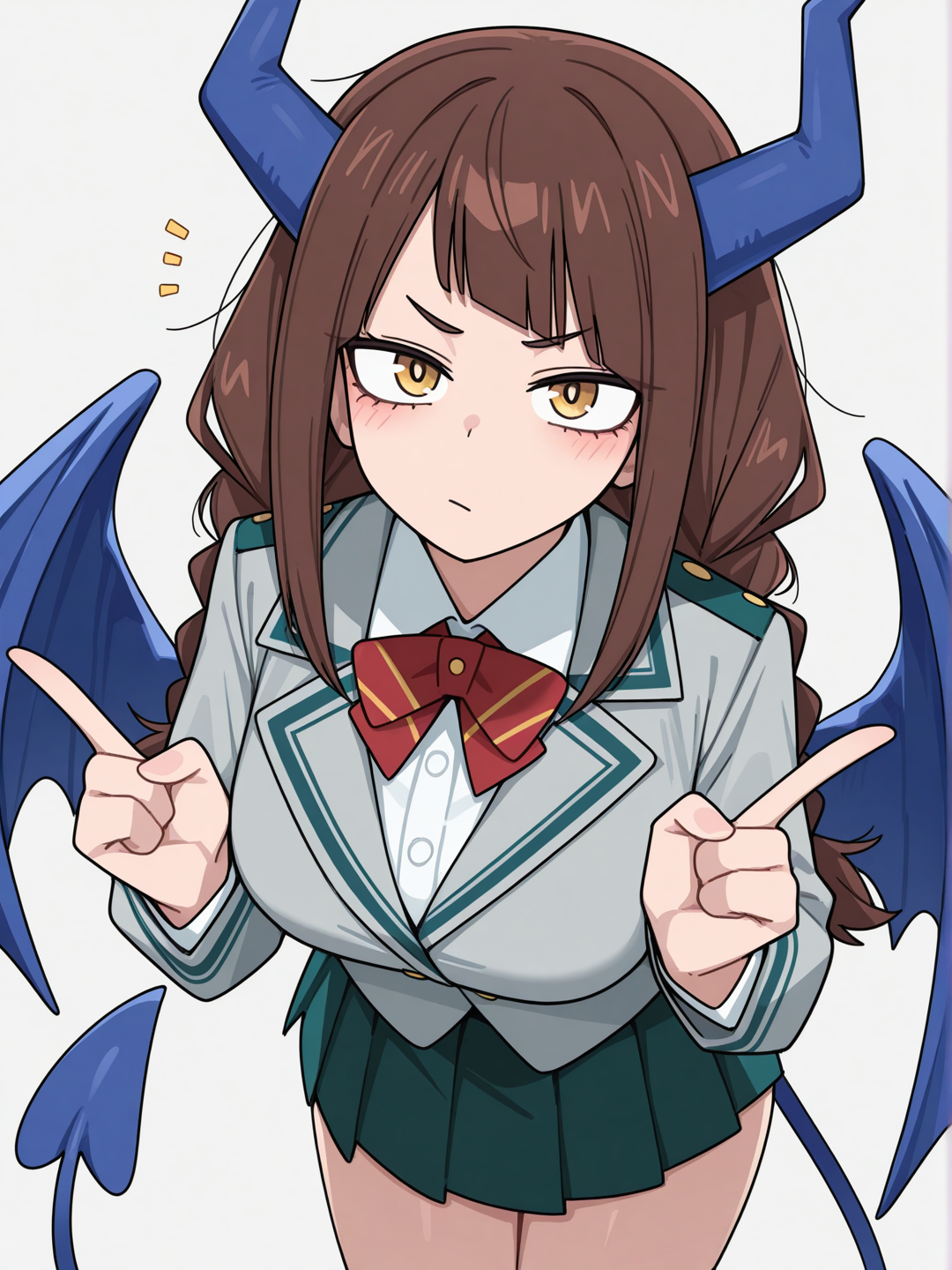 [toon-shaded-style] 1girl, anime coloring, My Hero Academia style, original character in the world of My Hero Academia, teenager, dark brown hair, braids, long hair, golden eyes, fair skin, school uniform, horns, blue devil wings, blue devil tail, blue hues, cocky