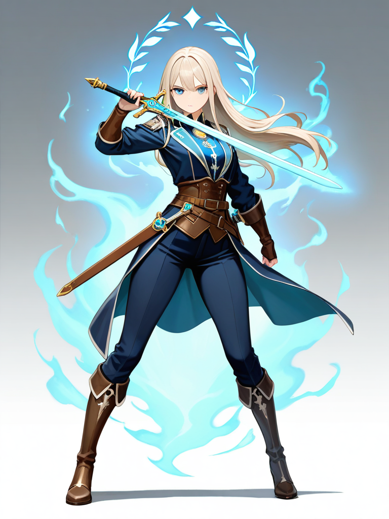 1girl, platinum blonde hair, long hair, blue eyes, determined, form-fitting clothes, adventurer attire, curves, dynamic pose, sword, ornate sword, confident, amulet, glowing, wind aura, ethereal, face, beautiful, single character, full body, looking at viewer, anime style, simple background, white background