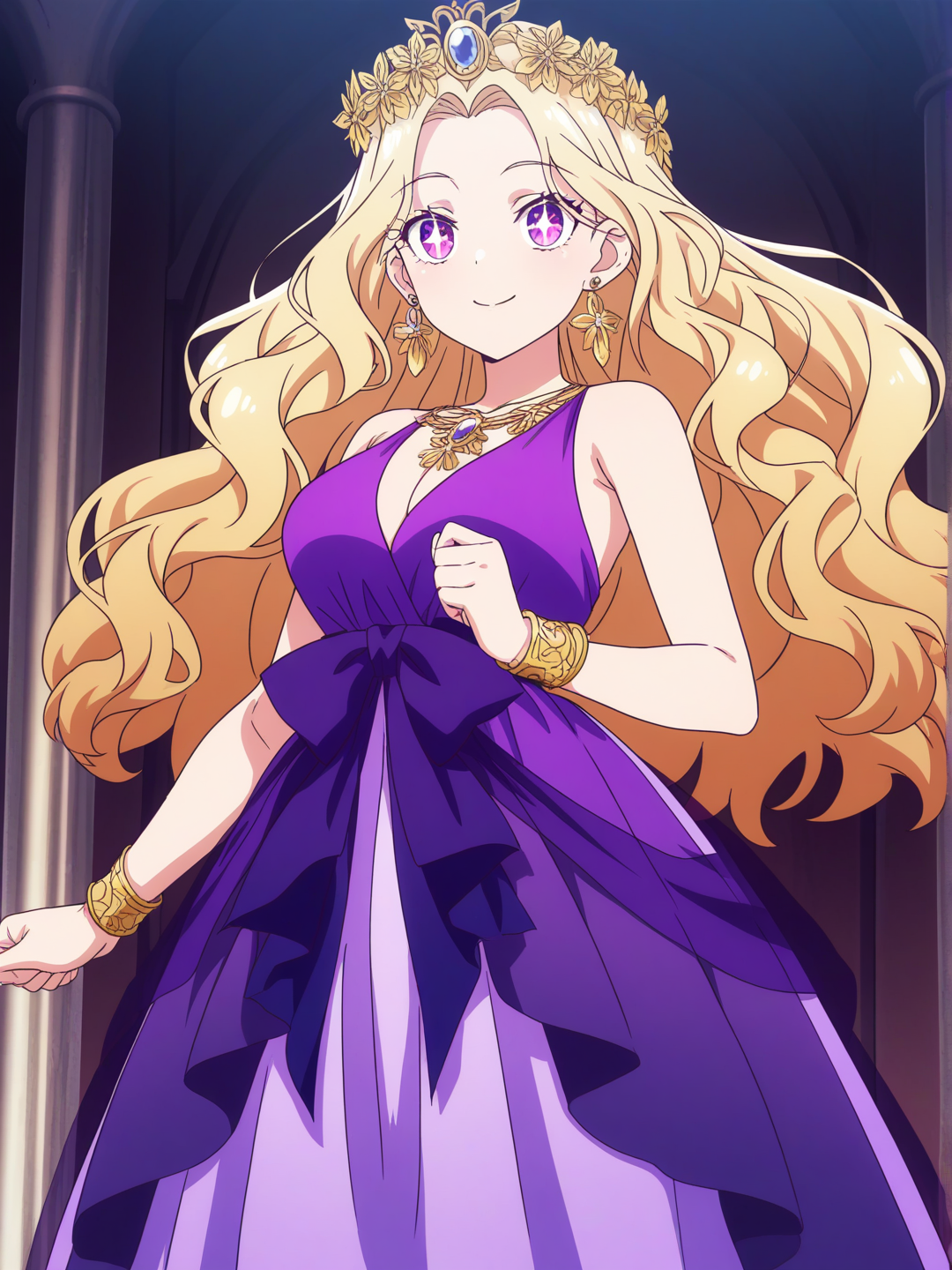 [pop-anime-style] 1girl, solo, cascading silver-blonde hair with mystical curls, sparkling sapphire eyes with gentle glow, elegant adventurers dress with celestial motifs, serene empowering smile with inner strength, intricate floral crown and earrings, shimmering enchanted glow, highly anime features with soft elegance, anime coloring