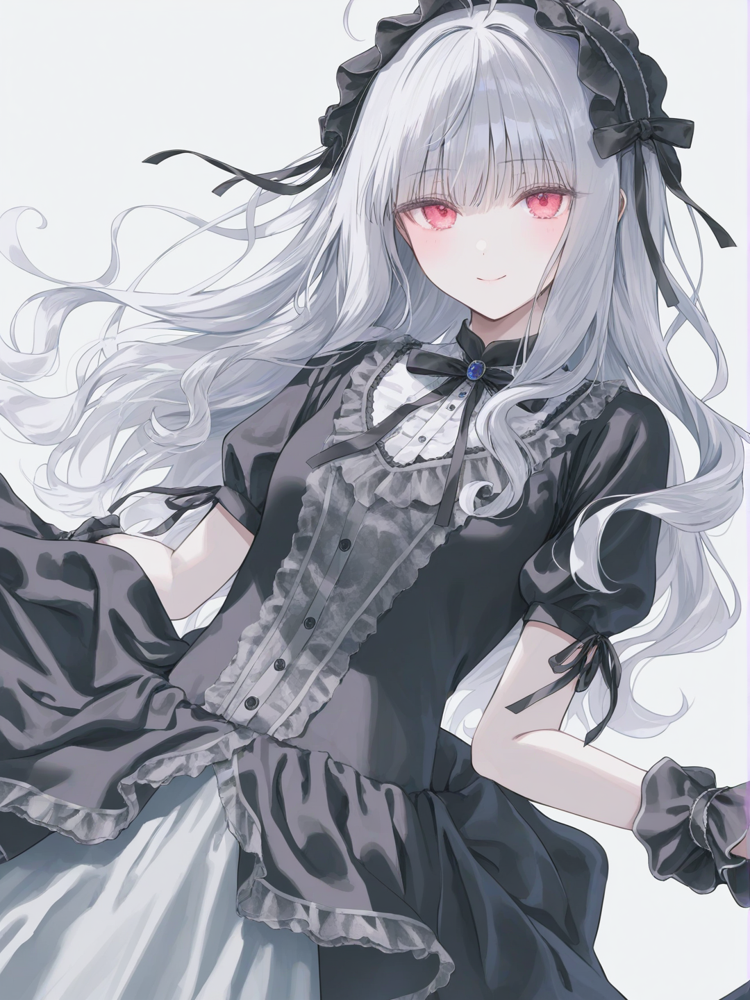 [soft-pastel-style] 1girl, diabolik_lovers, long_silver_hair, red_eyes, gothic_dress, pale_skin, smile, single_character, full_body, looking_at_viewer, anime_style, simple_background, white_background