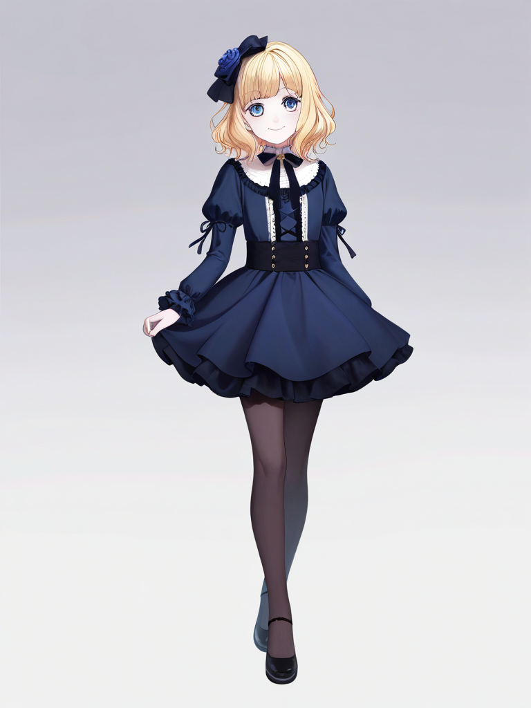 1girl, diabolik_lovers, long_maroon_hair, blue_eyes, gothic_dress, pale_skin, smile, single character, full body, looking at viewer, anime style, simple background, white background