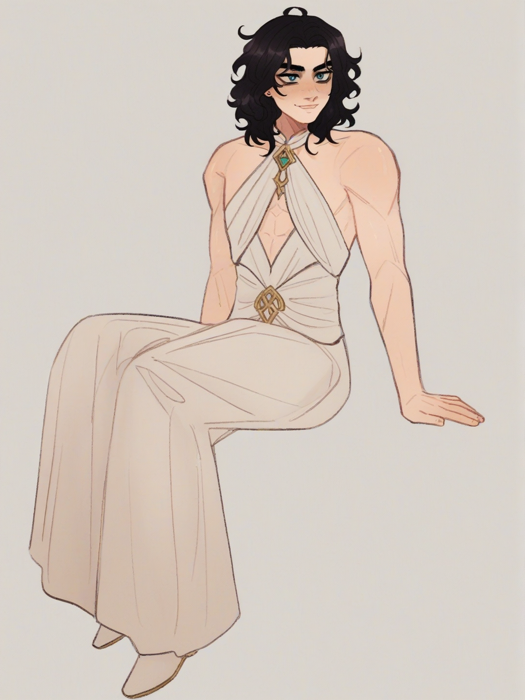 [soft-shaded-moe-style] 1boy, tall_(male), muscular_male, black_hair, wavy_hair, blue_eyes, smile, defined_jawline, broad_shoulders, elegant_clothing, mysterious, single character, full body, looking at viewer, anime style, simple background, white background