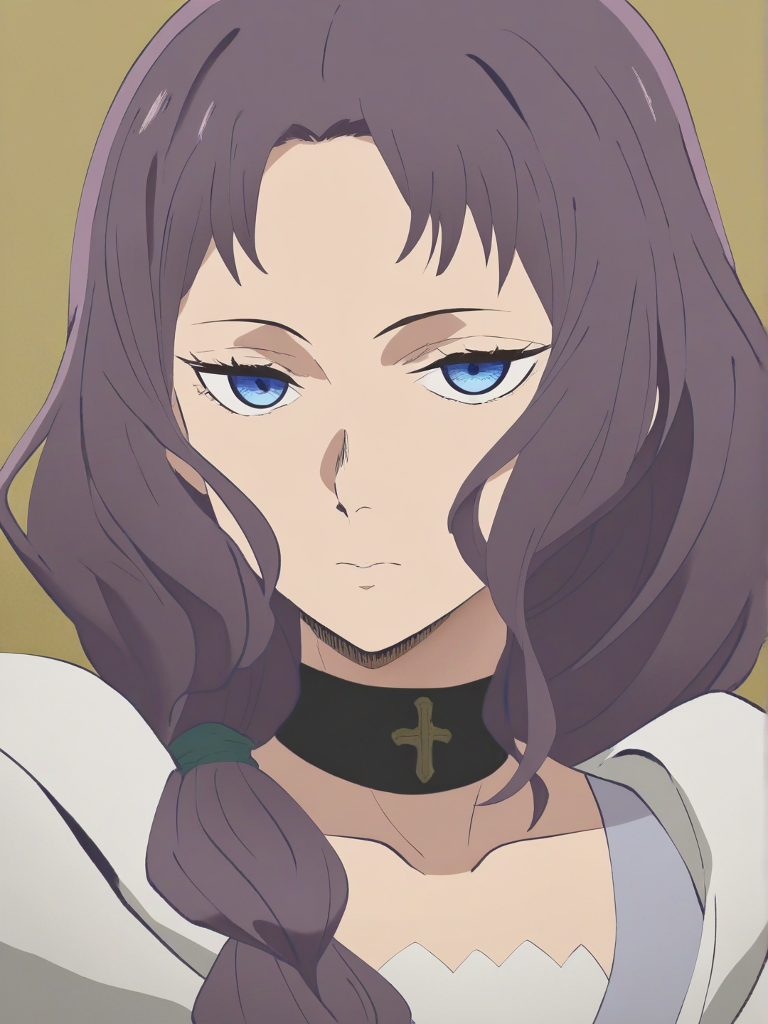 [bright-anime-style] 1girl, anime coloring, cel shading, watercolor, teenager, brown hair, purple hair, frizzy hair, side-parted hair, blue eyes, fair skin, claymore sword, hair accessory, choker